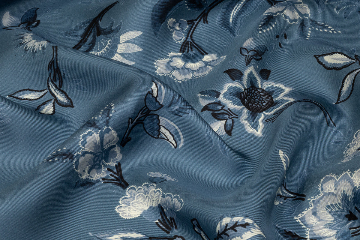 Floral Italian Silk Twill - Blue