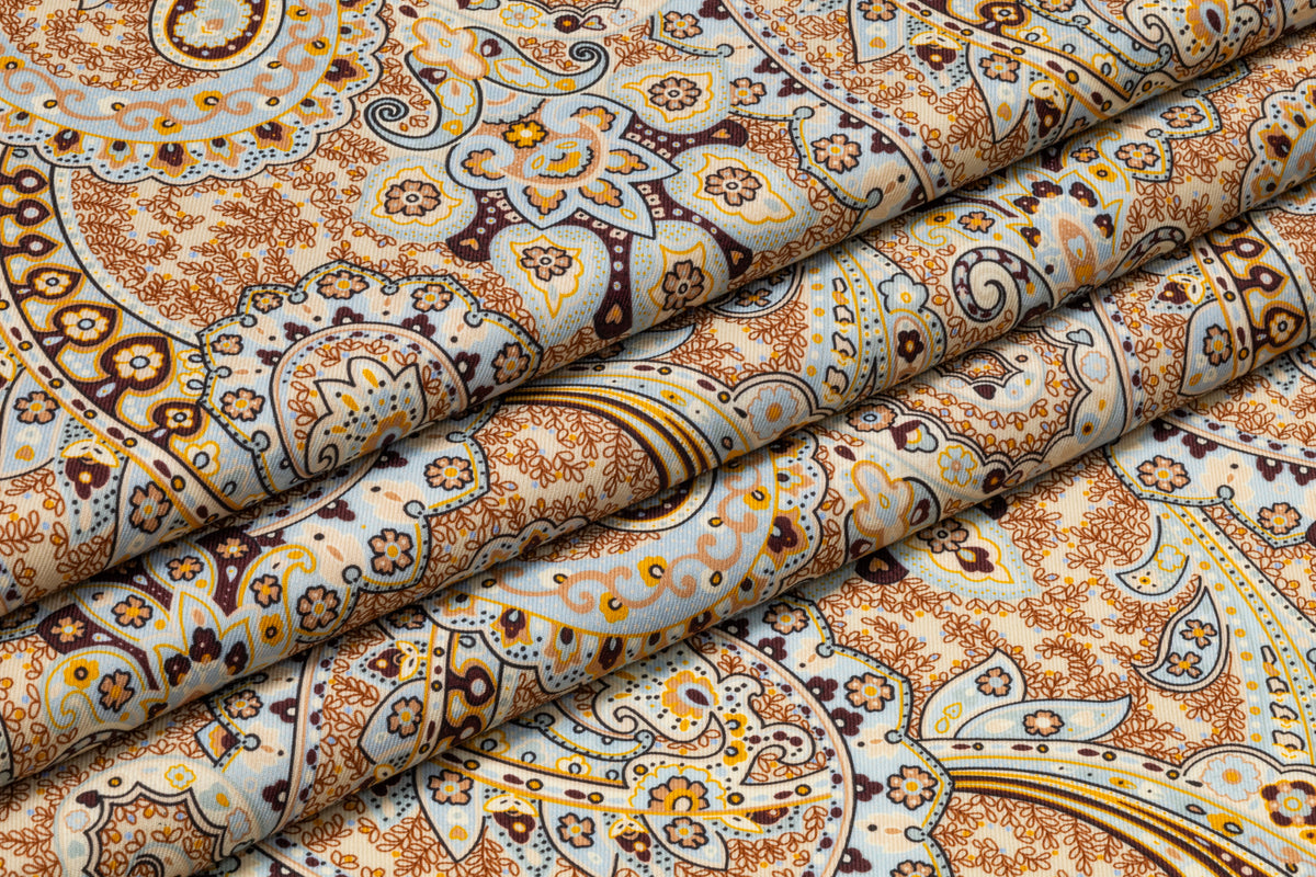 Paisley Printed Italian Silk and Wool Twill - Blue / Gold / Brown / Ivory