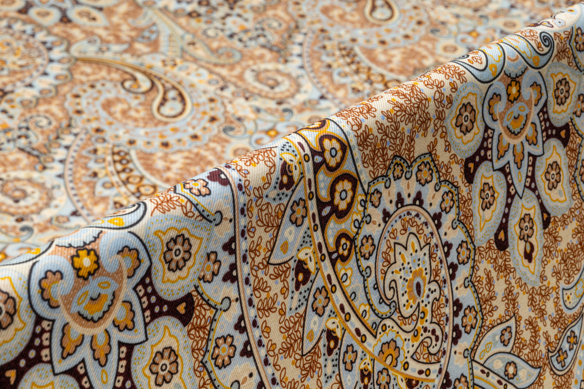 Paisley Printed Italian Silk and Wool Twill - Blue / Gold / Brown / Ivory