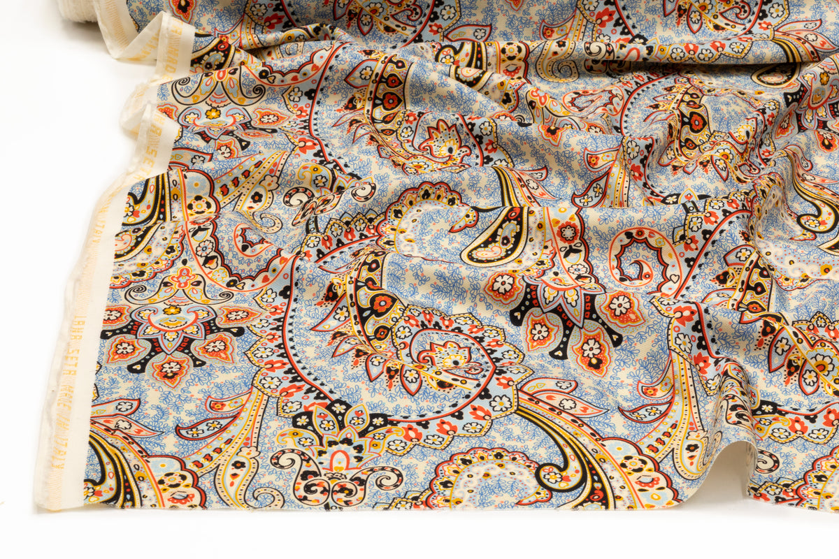 Paisley Printed Italian Silk and Wool Twill - Blue / Gold / Red