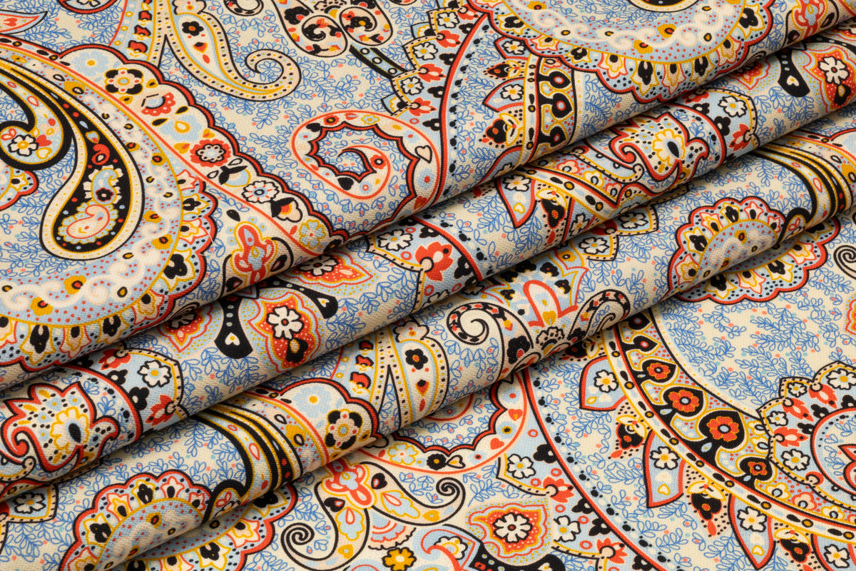 Paisley Printed Italian Silk and Wool Twill - Blue / Gold / Red
