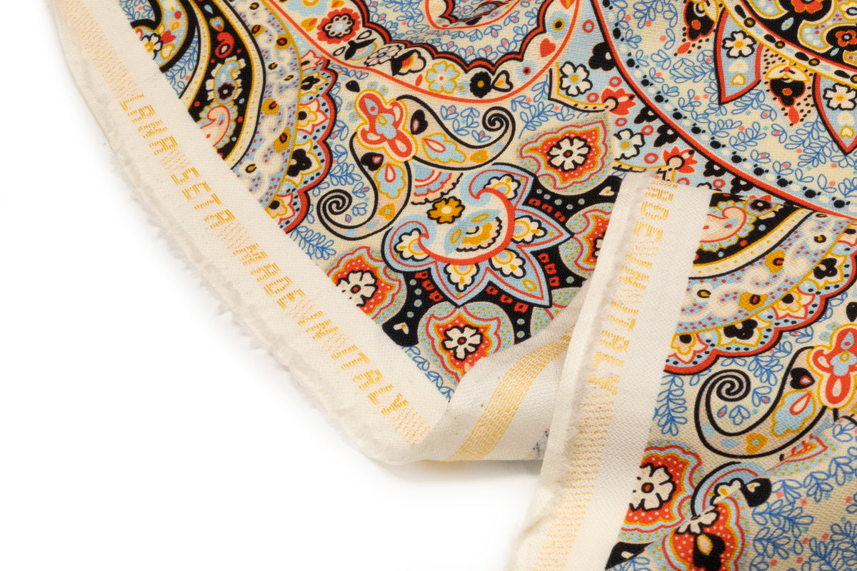 Paisley Printed Italian Silk and Wool Twill - Blue / Gold / Red