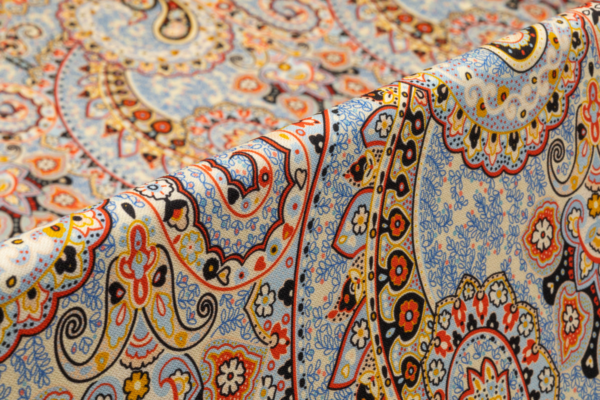 Paisley Printed Italian Silk and Wool Twill - Blue / Gold / Red