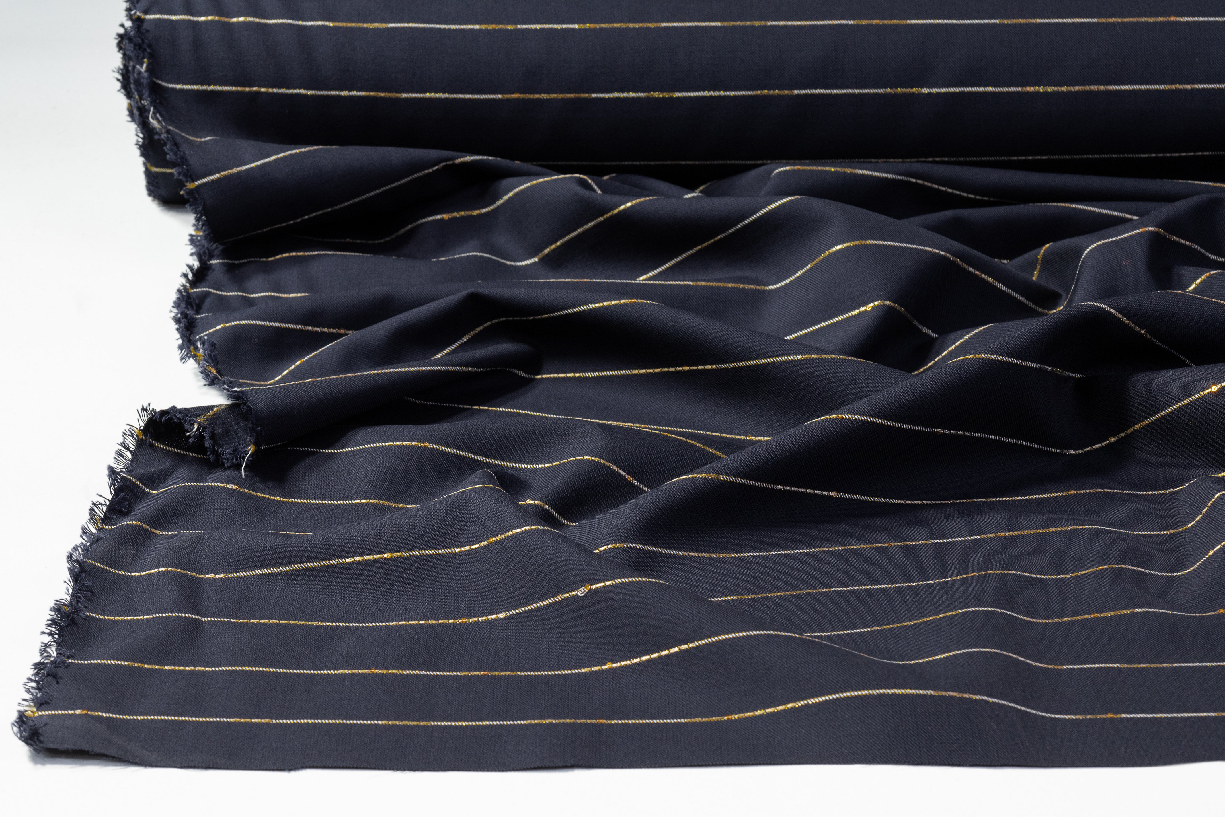 Metallic Striped Italian Wool Twill - Navy / Gold