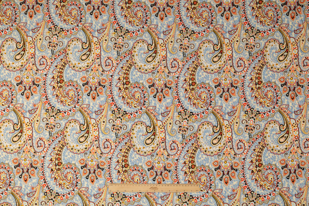 Paisley Printed Italian Silk and Wool Twill - Blue / Gold / Red