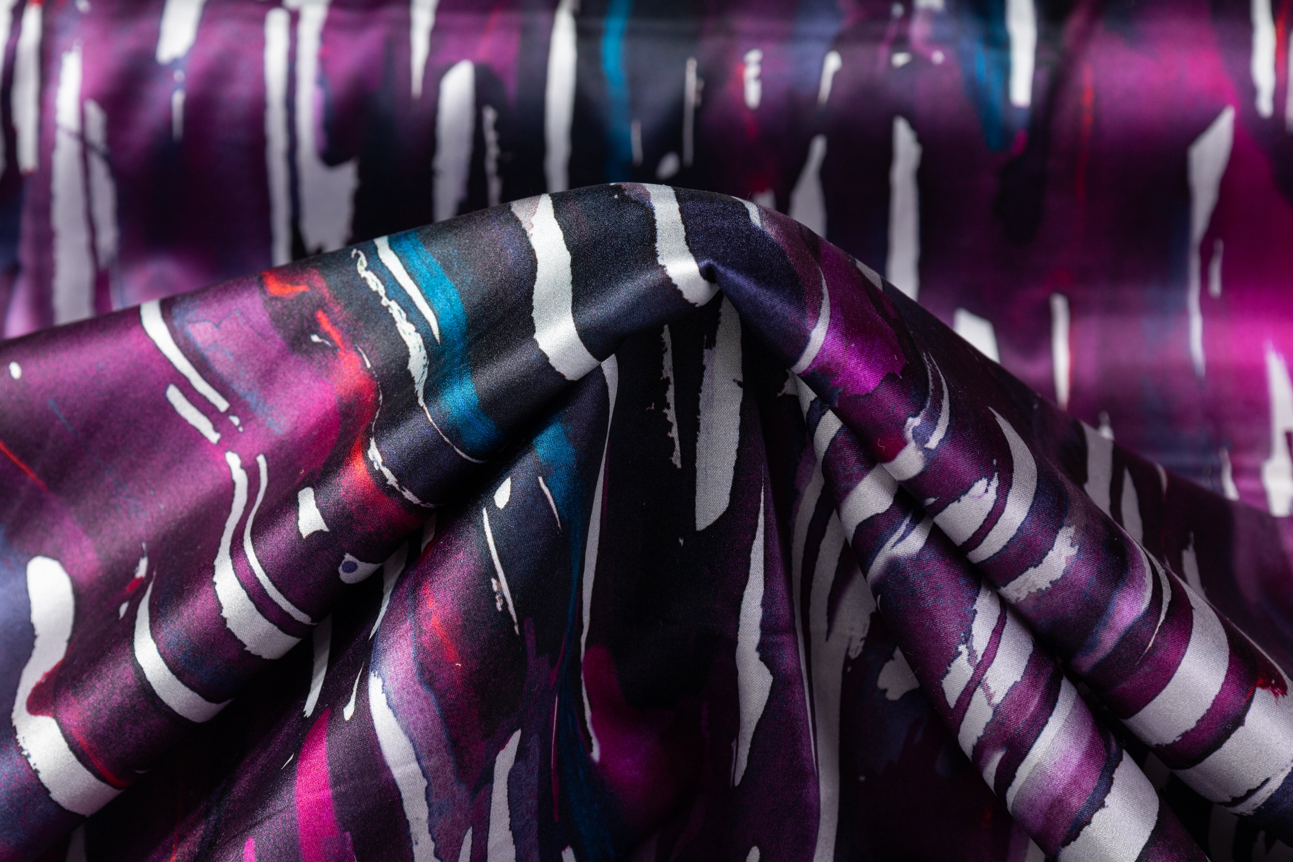 Abstract Italian Stretch Silk Charmeuse - Purple / Fuchsia / Blue