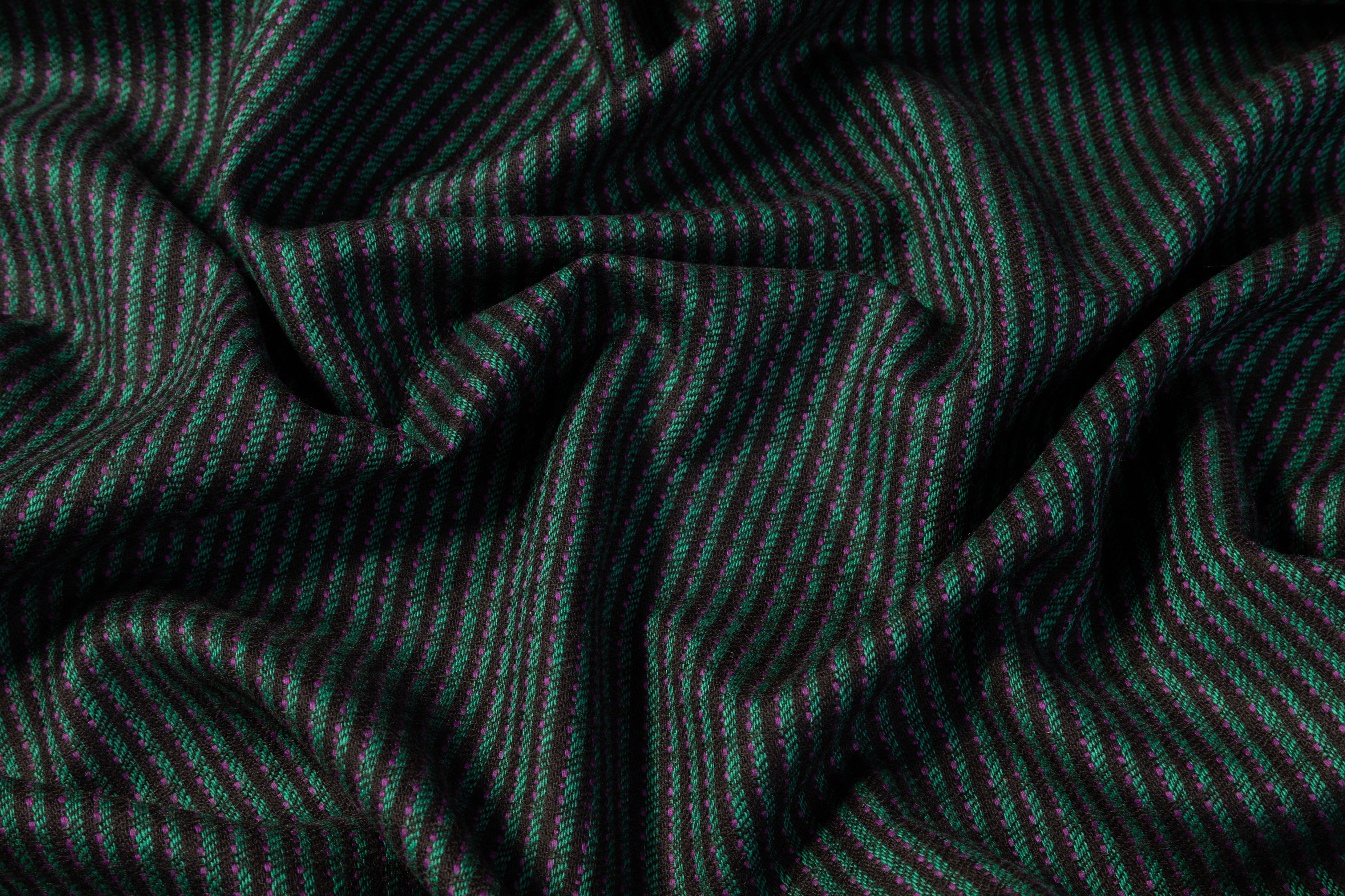 Textured Striped Italian Wool Suiting - Green / Purple