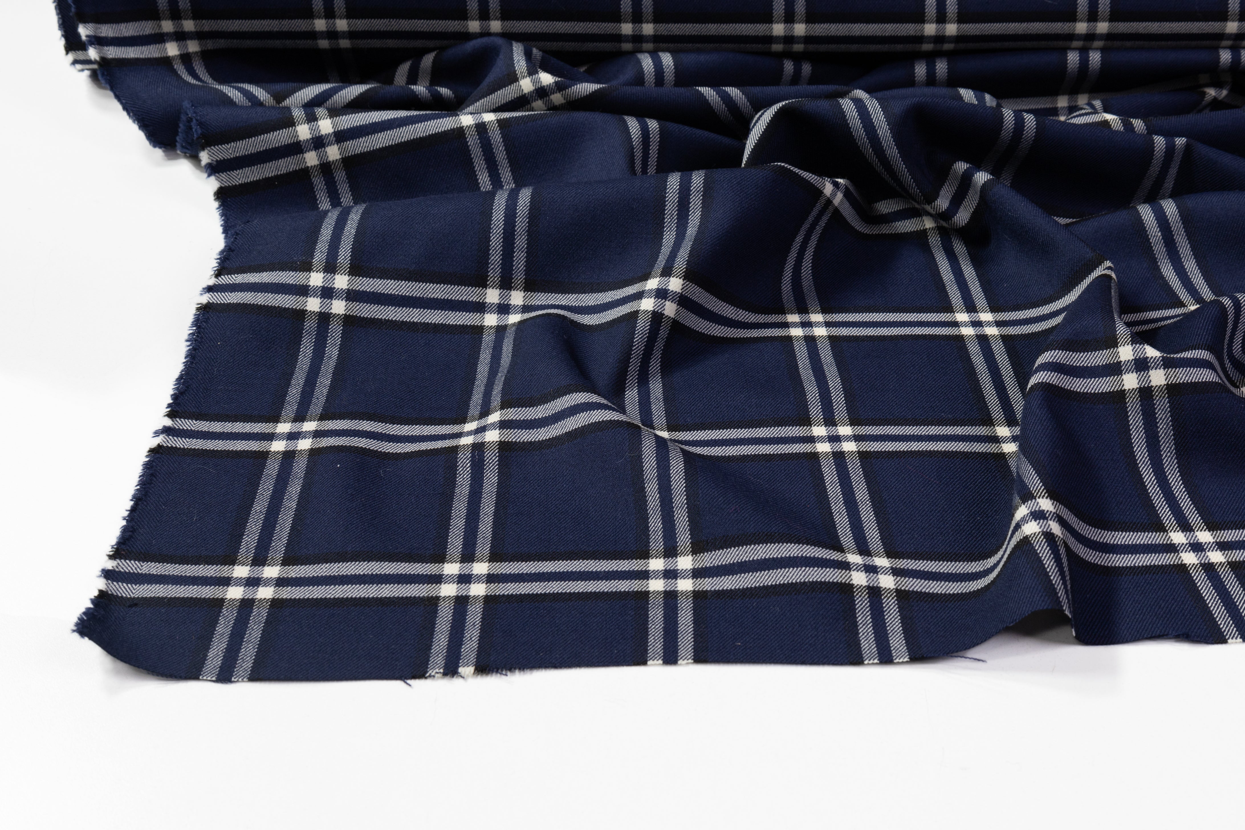 Checked Italian Stretch Wool Suiting - Navy Blue