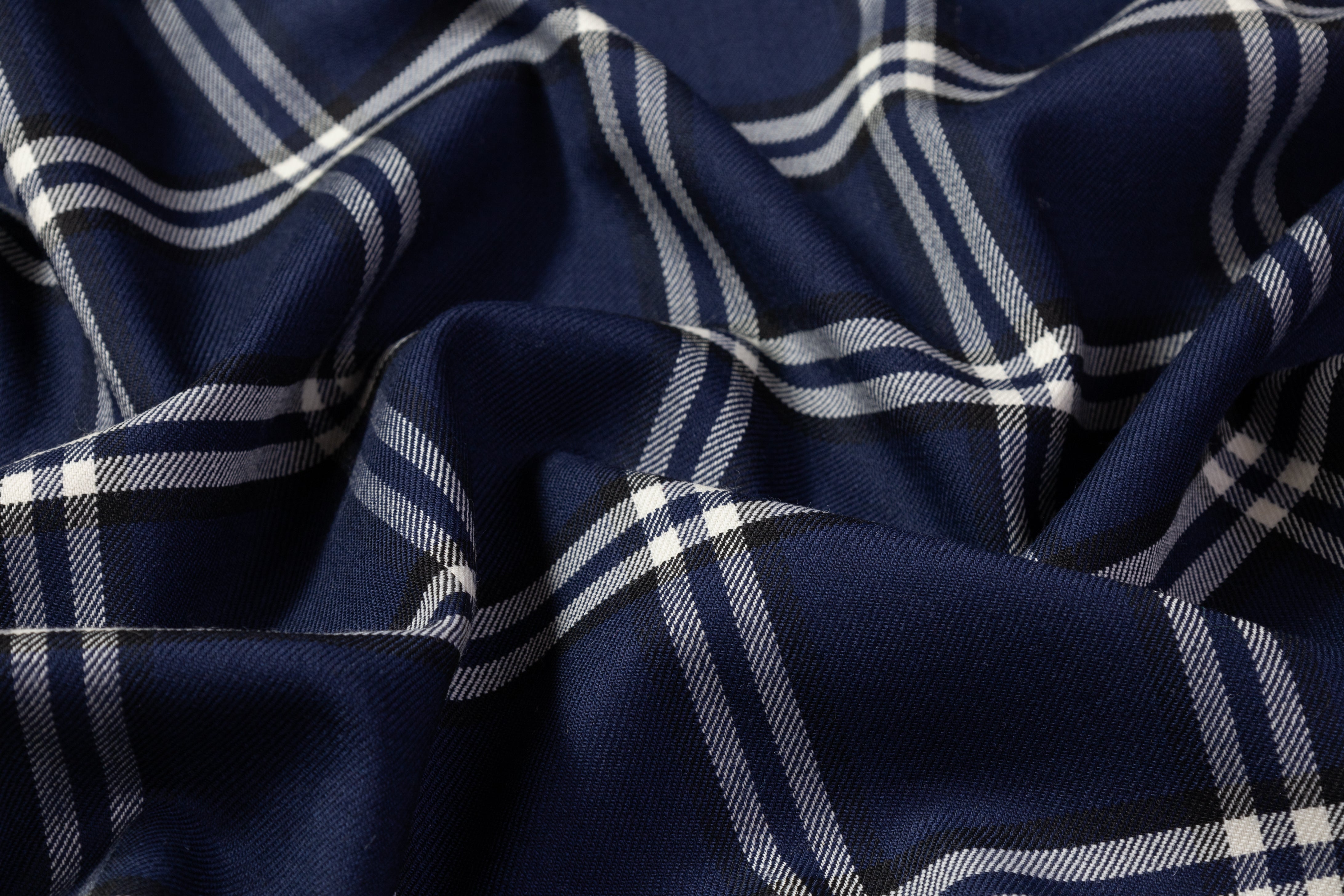 Checked Italian Stretch Wool Suiting - Navy Blue