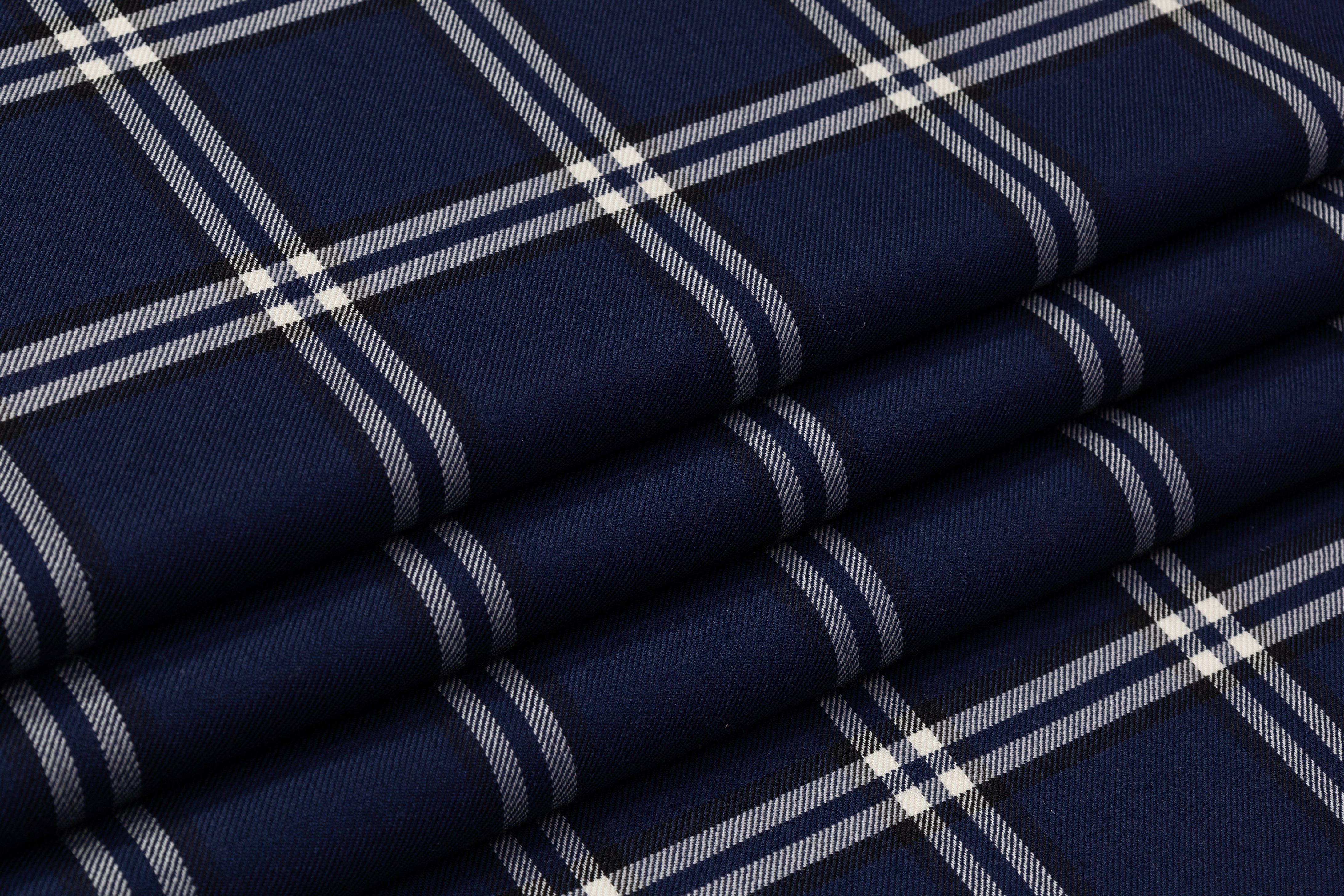 Checked Italian Stretch Wool Suiting - Navy Blue