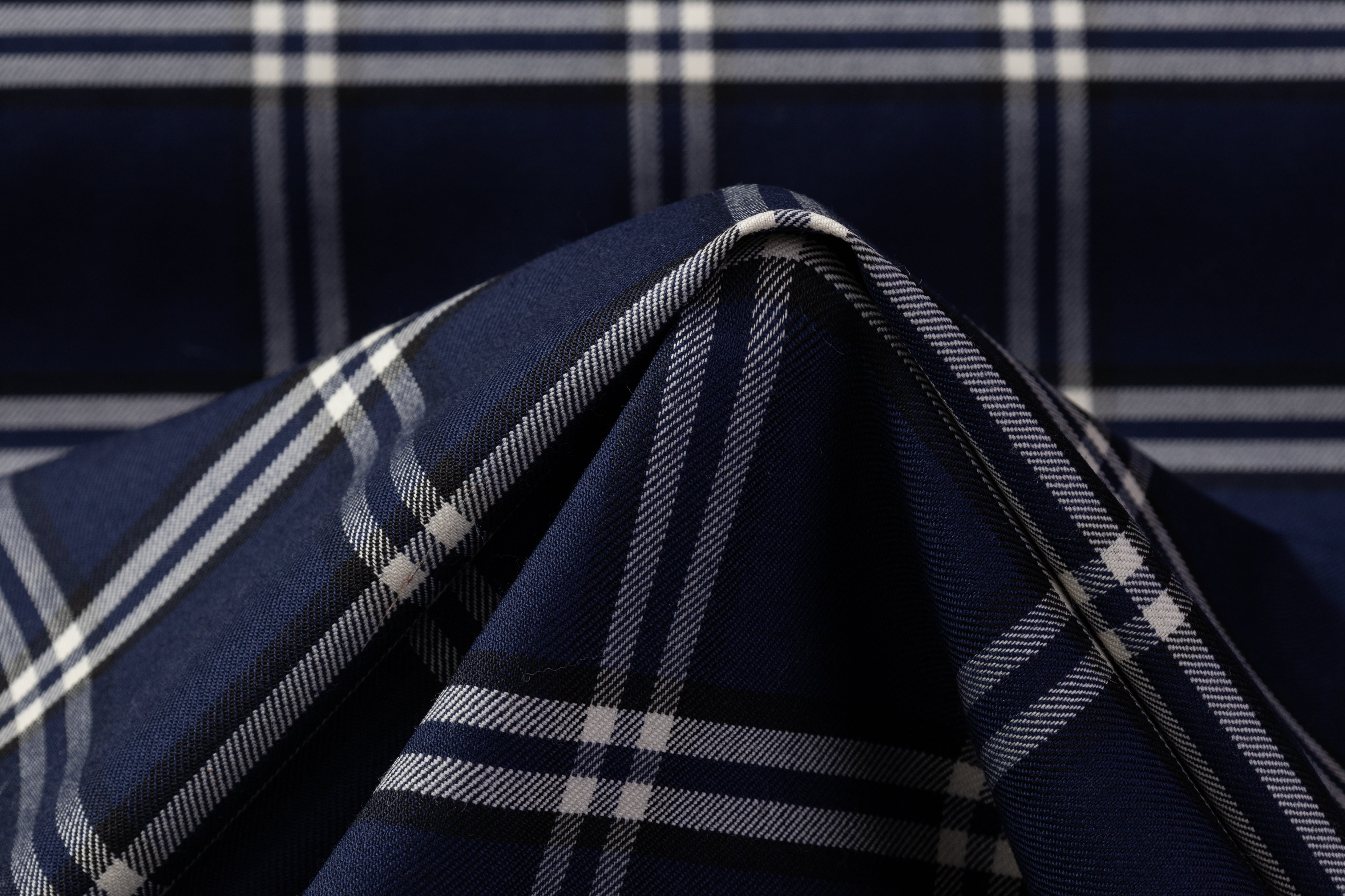 Checked Italian Stretch Wool Suiting - Navy Blue