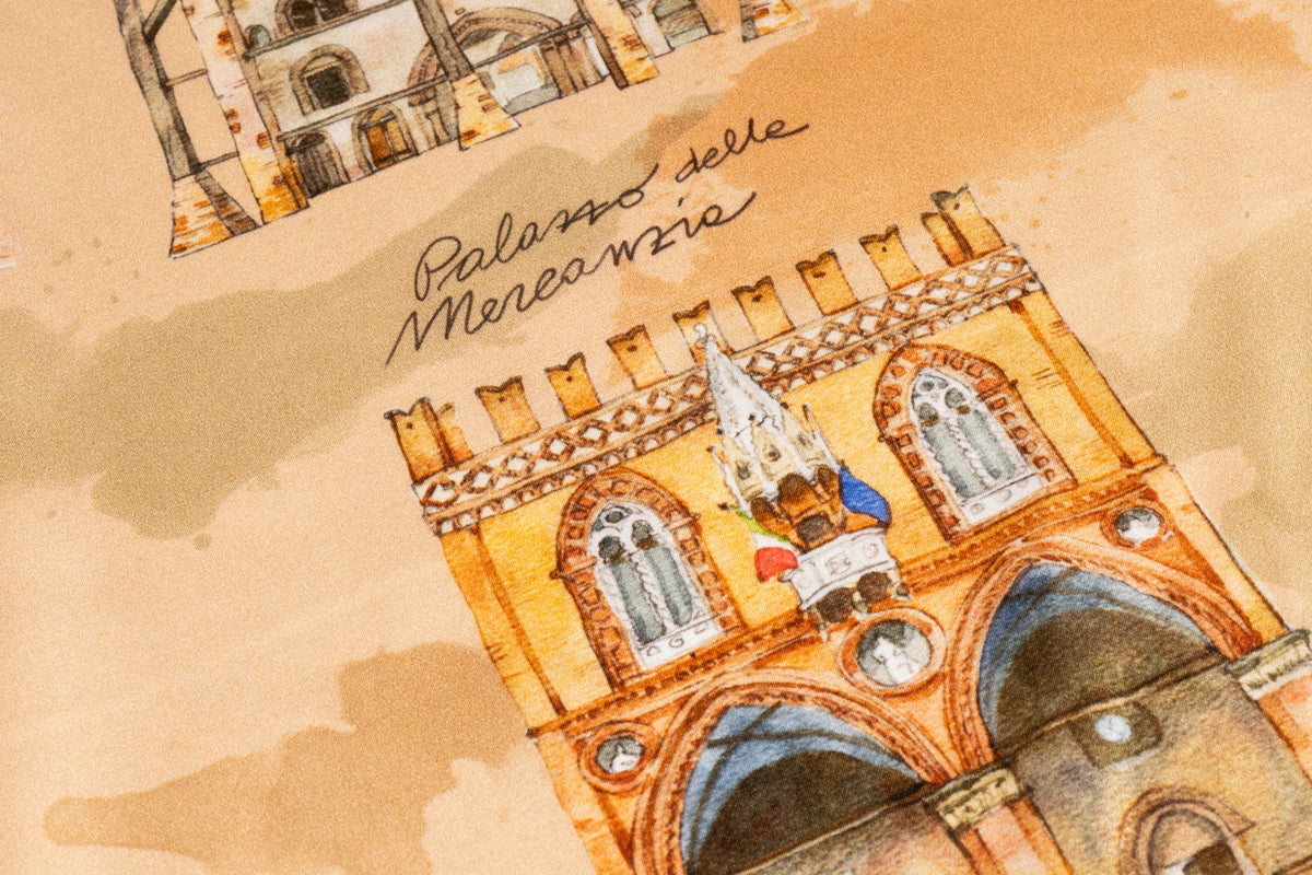 Bologna Landmarks Printed Italian Silk Charmeuse - Beige
