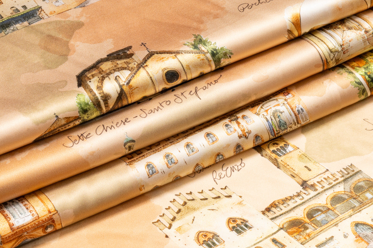 Bologna Landmarks Printed Italian Silk Charmeuse - Beige