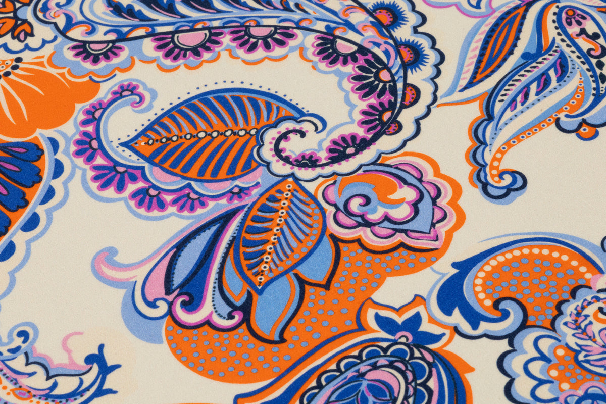 Paisley Italian Silk Crepe de Chine - Blue / Orange / Purple