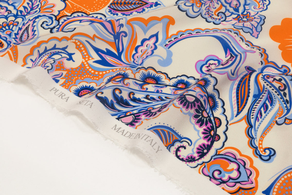 Paisley Italian Silk Crepe de Chine - Blue / Orange / Purple