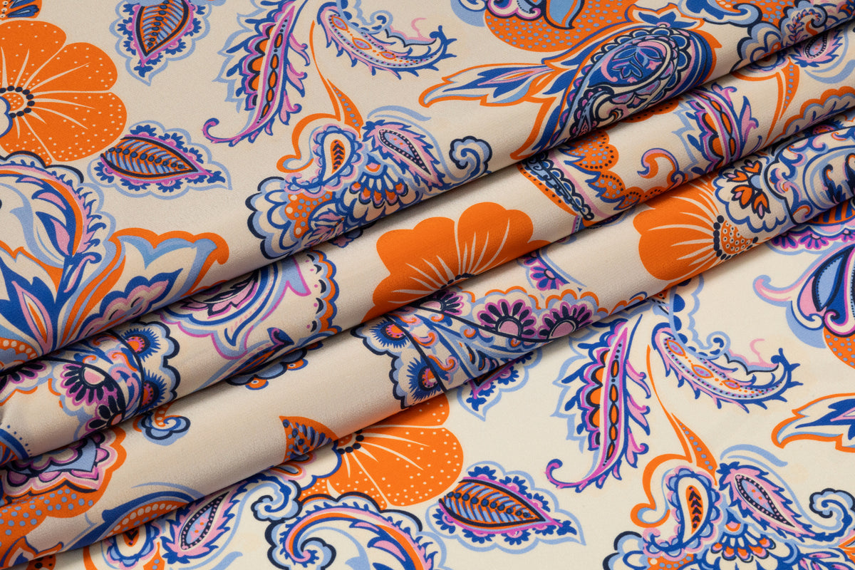Paisley Italian Silk Crepe de Chine - Blue / Orange / Purple