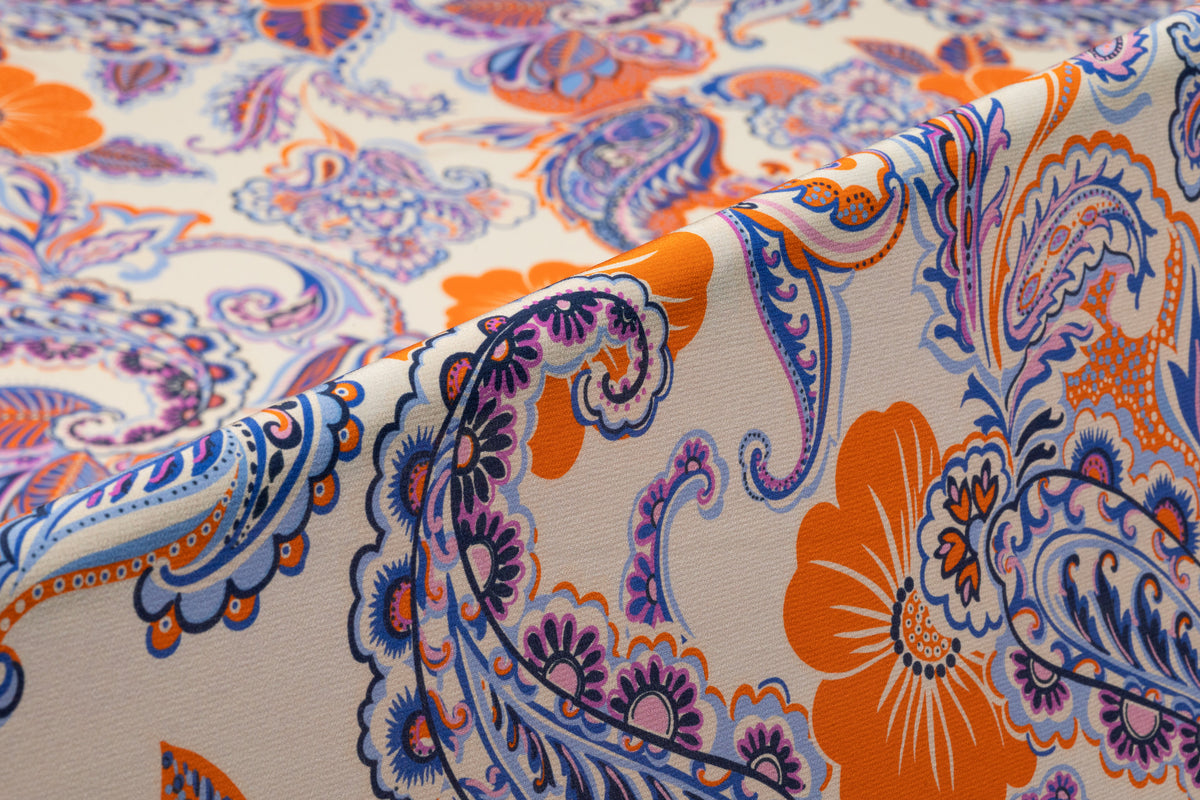 Paisley Italian Silk Crepe de Chine - Blue / Orange / Purple