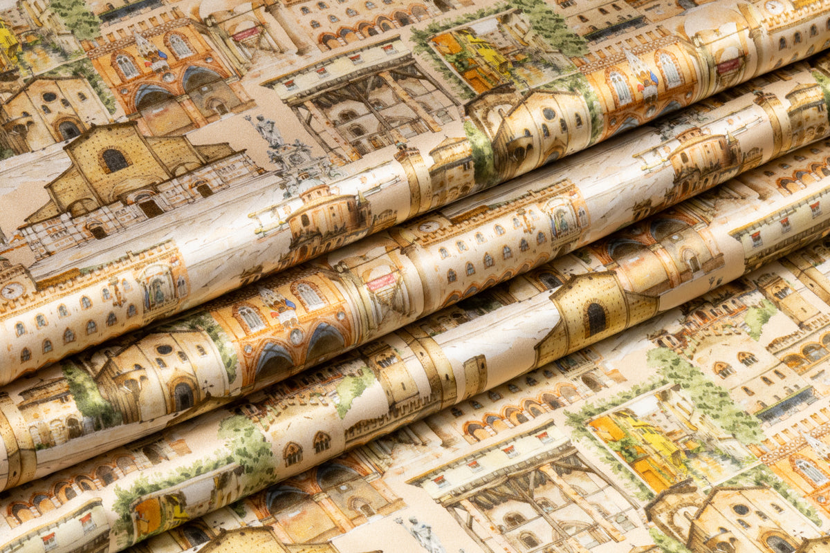 Italian Landmarks Printed Italian Silk Charmeuse - Beige