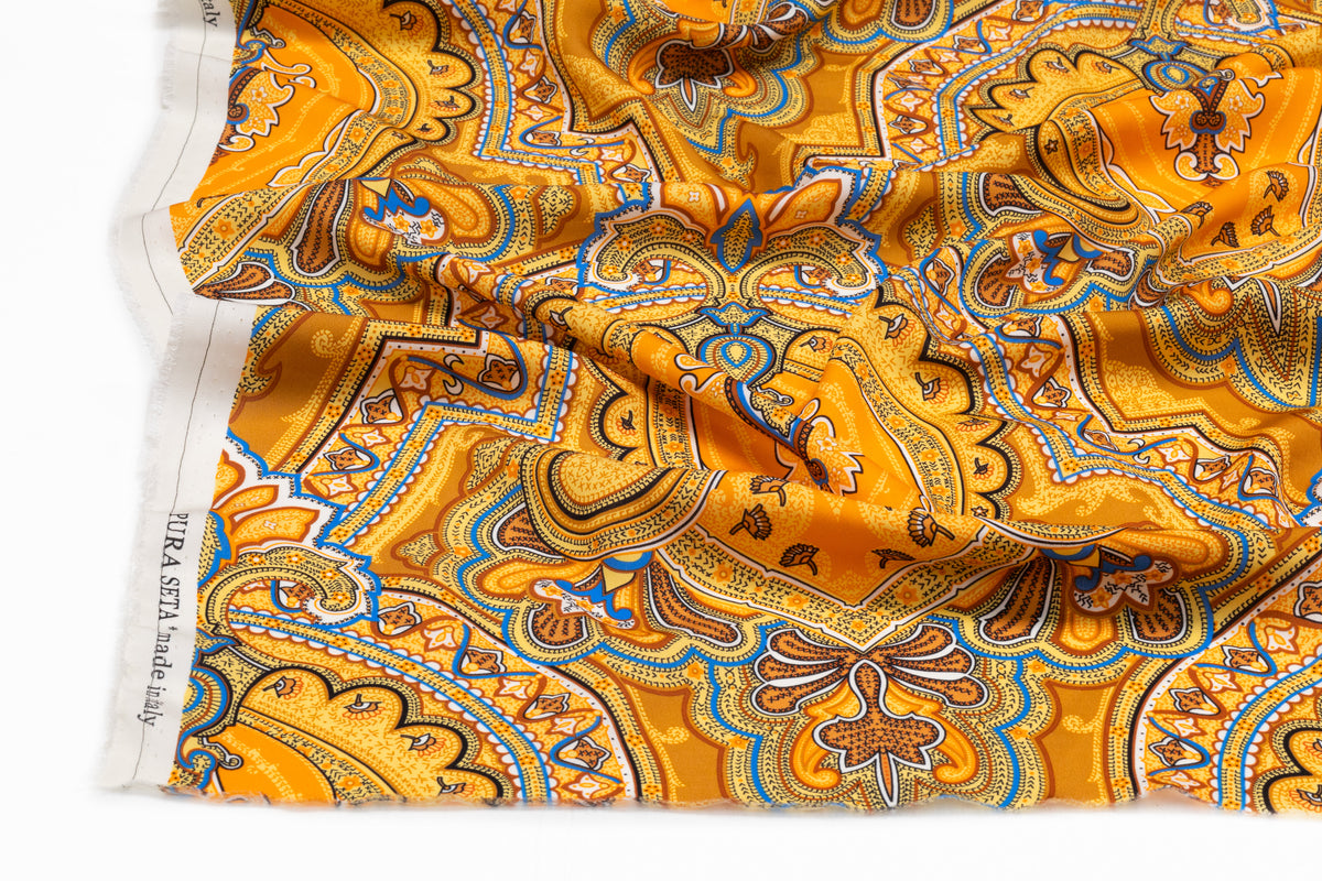 Paisley Italian Silk Crepe de Chine - Golden Orange