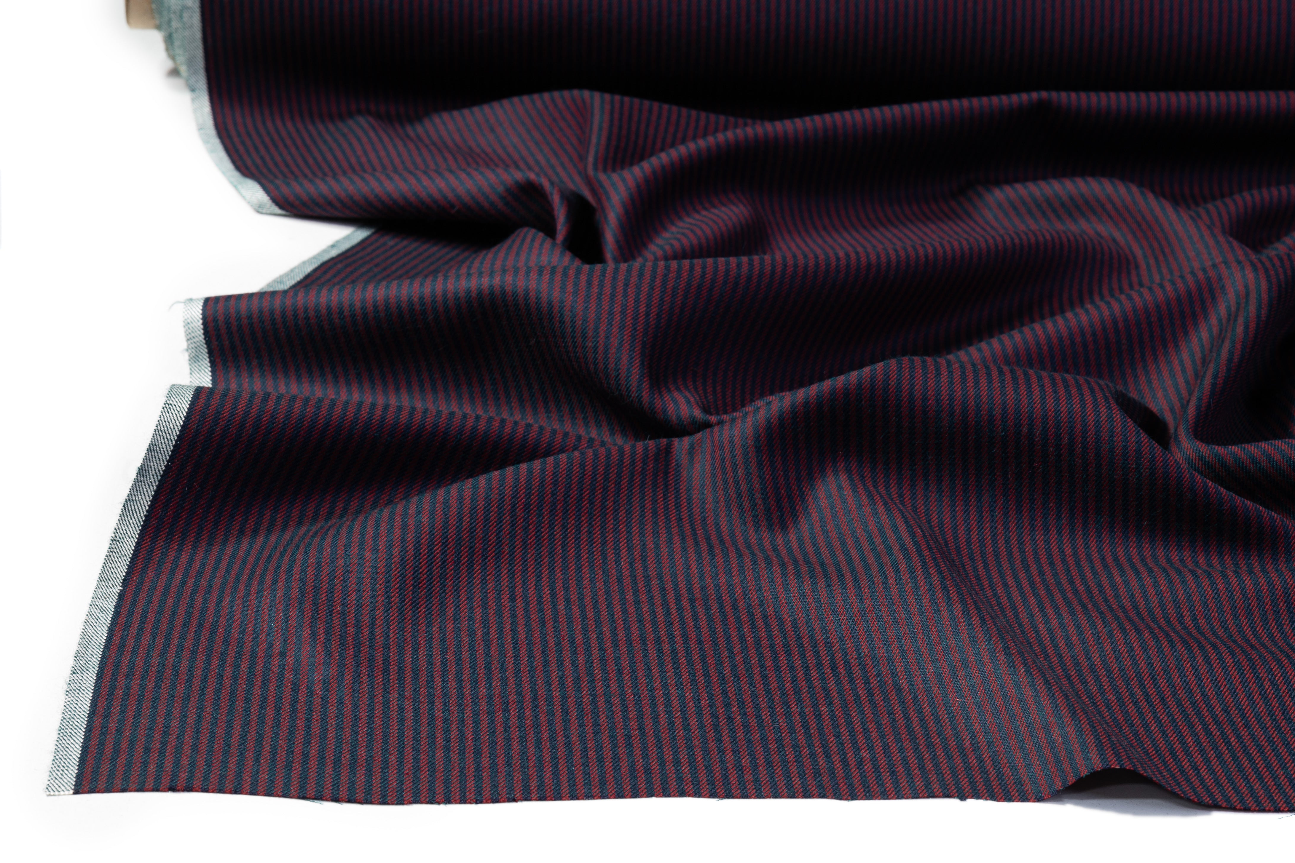 Striped Italian Wool Acetate Twill Suiting - Red / Navy