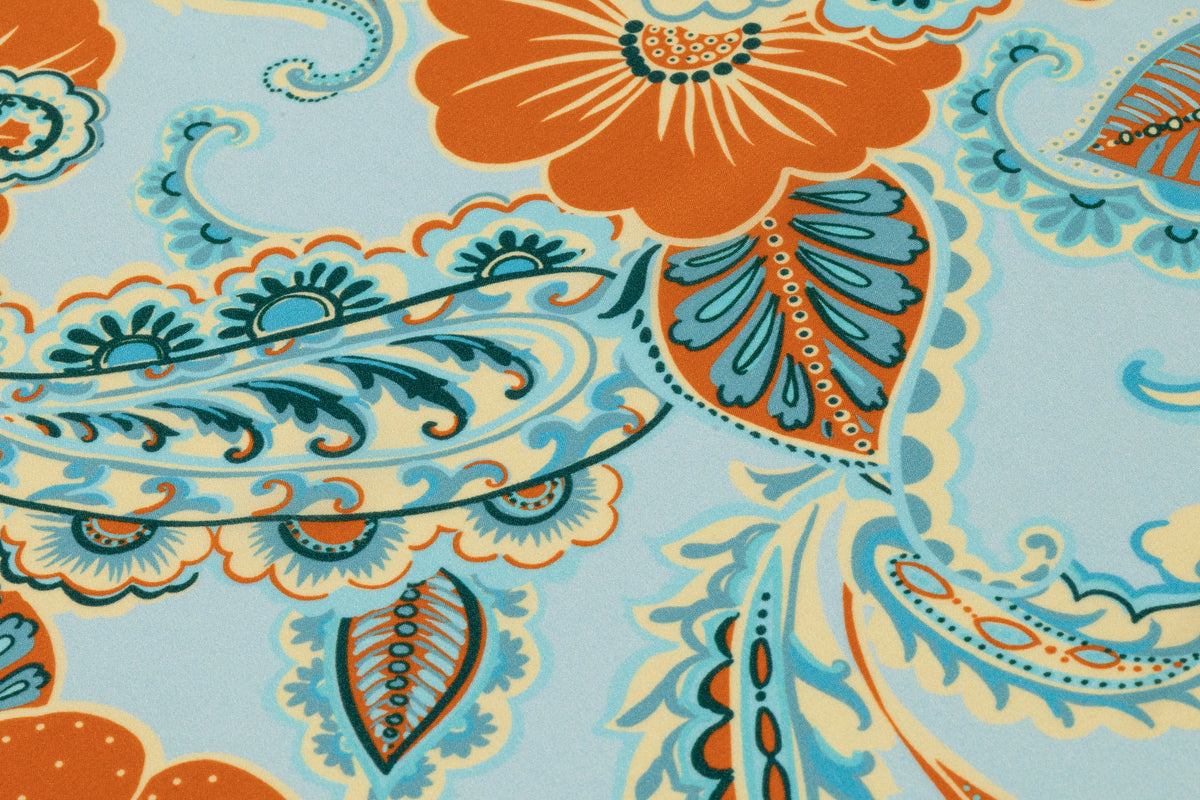 Paisley Italian Silk Crepe de Chine - Aqua Blue / Orange