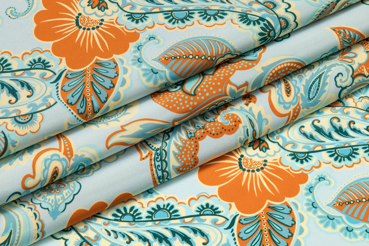 Paisley Italian Silk Crepe de Chine - Aqua Blue / Orange