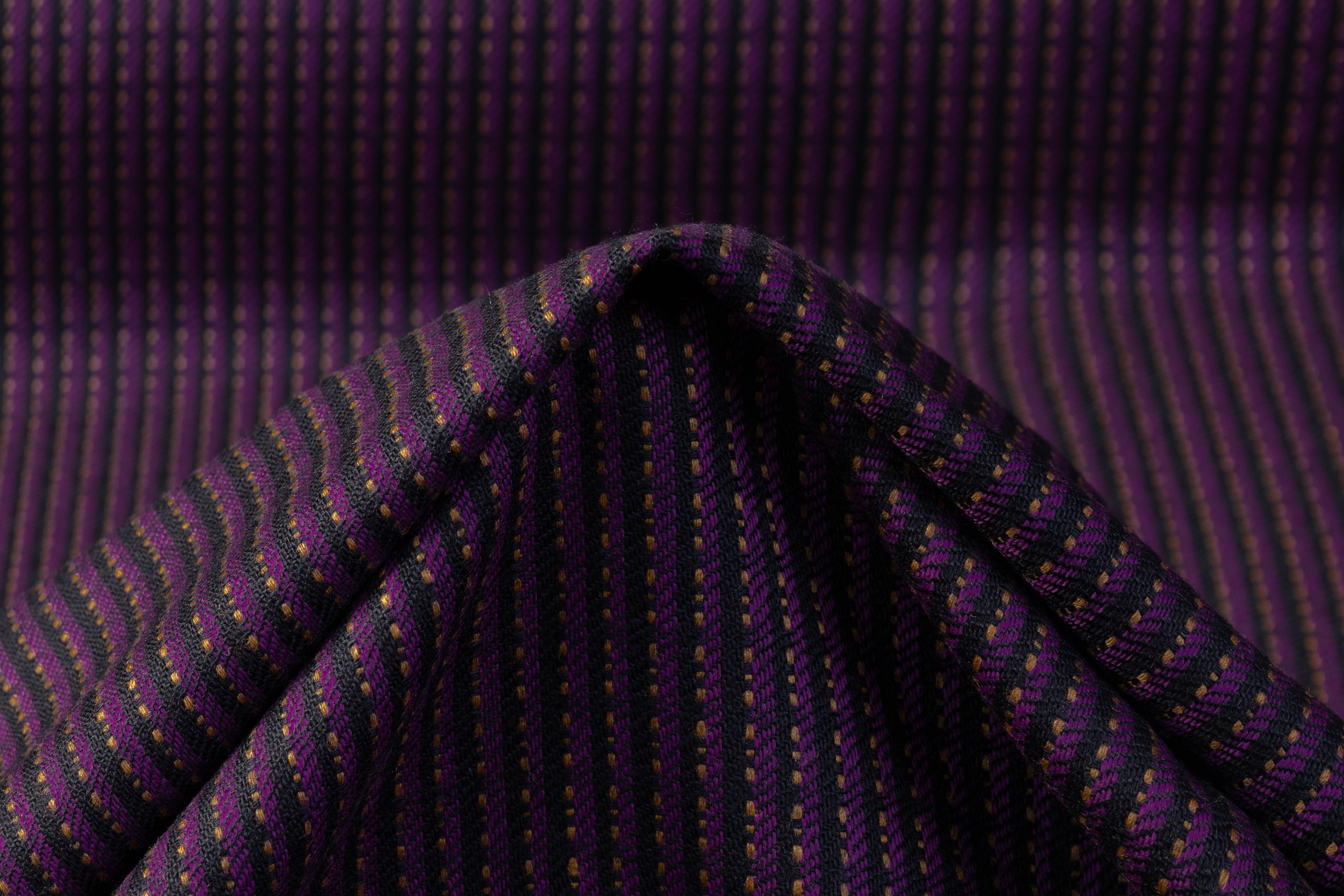 Textured Striped Italian Wool Suiting - Purple / Black / Camel