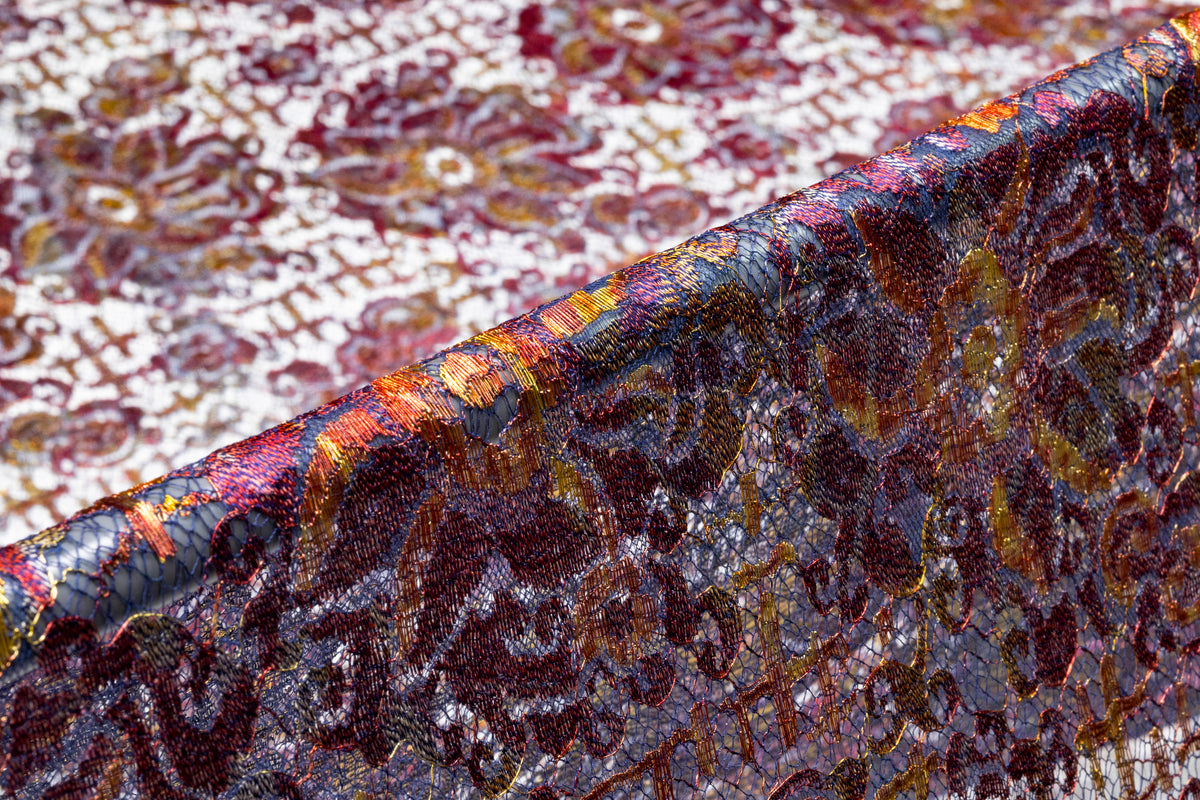 Solstiss - Metallic Printed French Lace - Burgundy / Copper / Gold