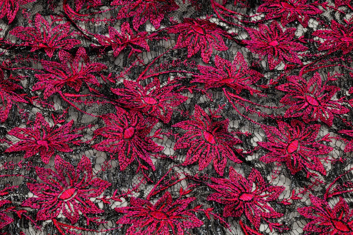 Floral Embroidered Metallic Italian Lace - Magenta / Black