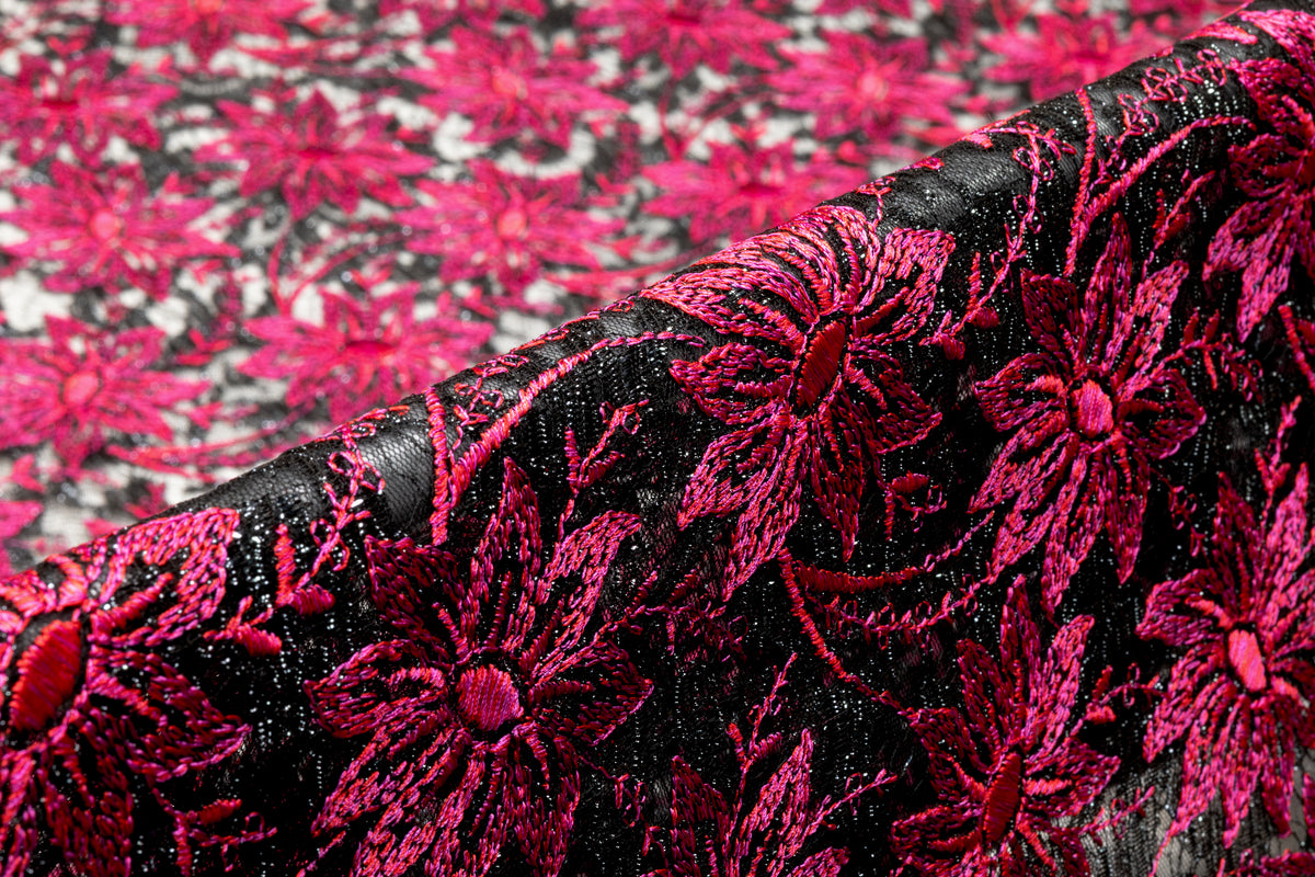 Floral Embroidered Metallic Italian Lace - Magenta / Black