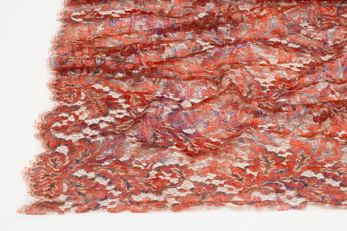 Solstiss - Metallic Printed French Lace - Coral Red / Blue / Silver