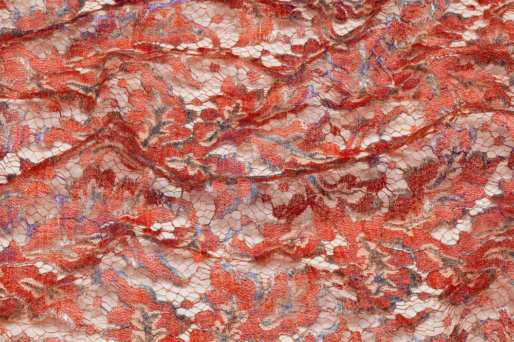 Solstiss - Metallic Printed French Lace - Coral Red / Blue / Silver