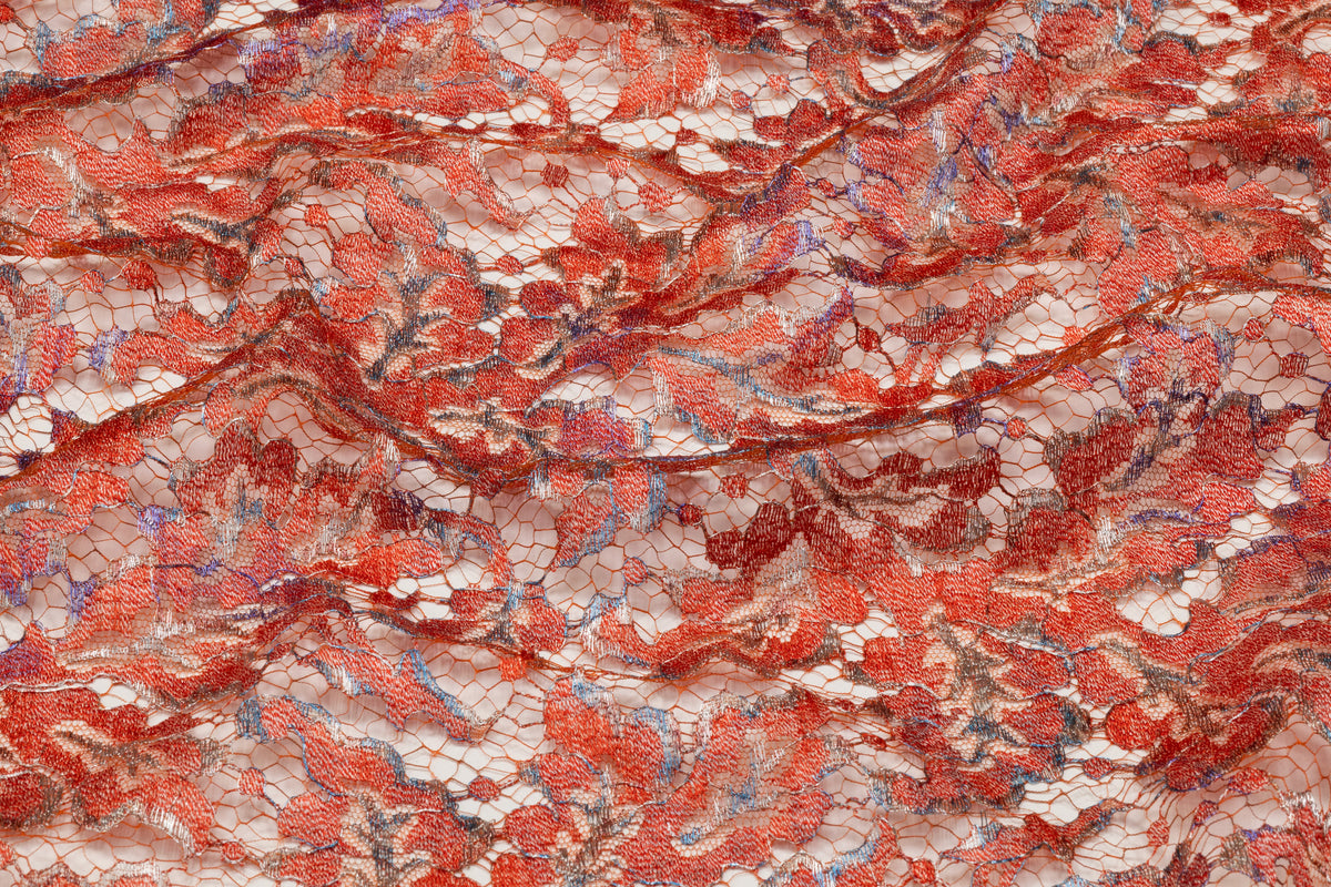 Solstiss - Metallic Printed French Lace - Coral Red / Blue / Silver