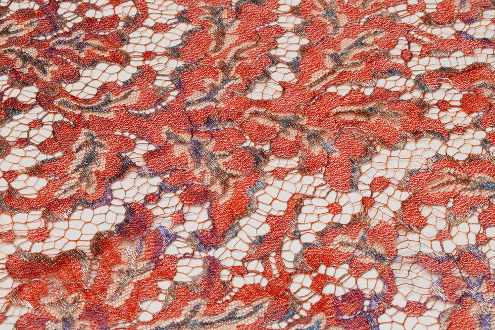 Solstiss - Metallic Printed French Lace - Coral Red / Blue / Silver