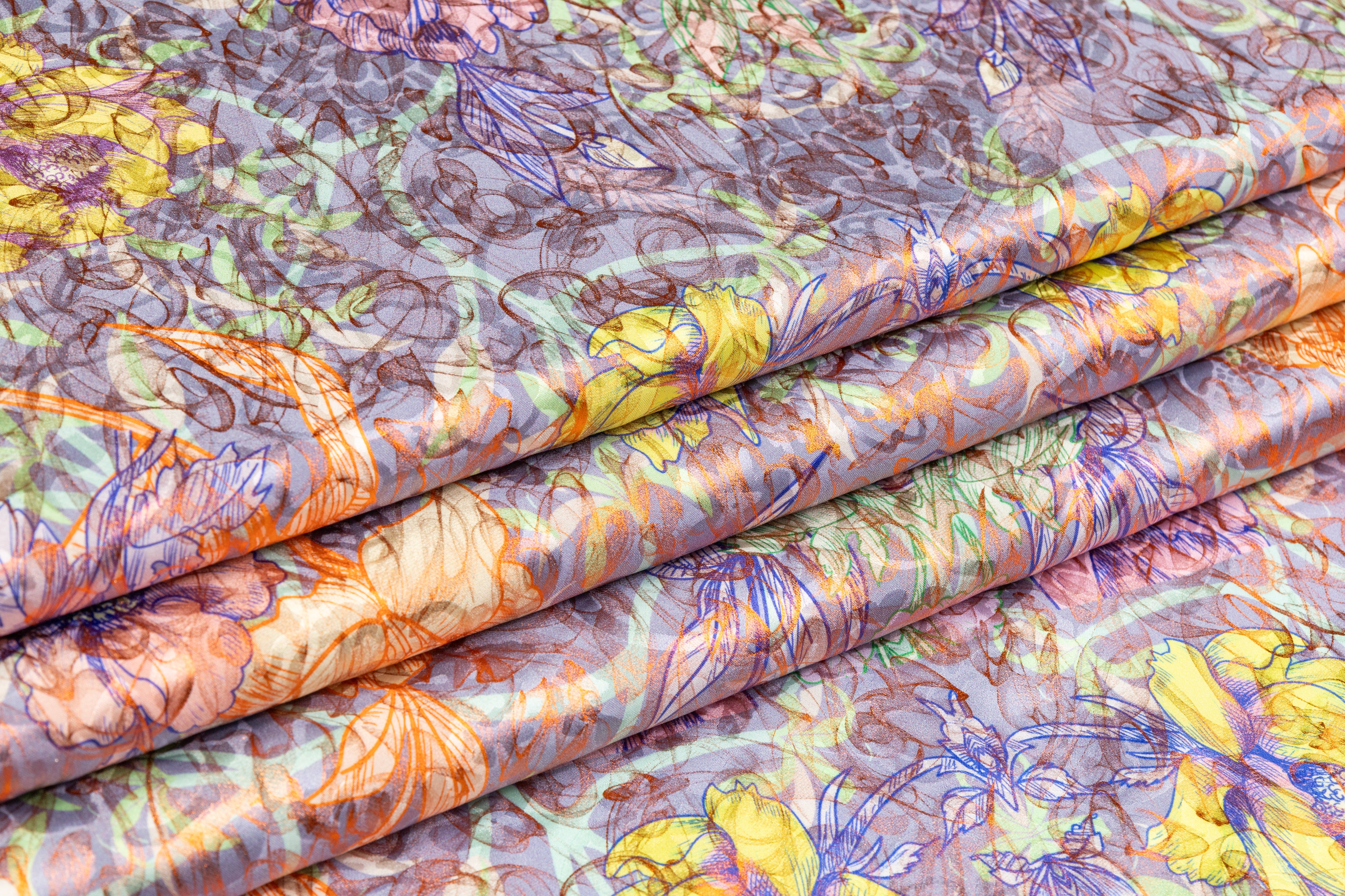 Laminated and Printed Italian Silk Jacquard - Multicolor / Orange