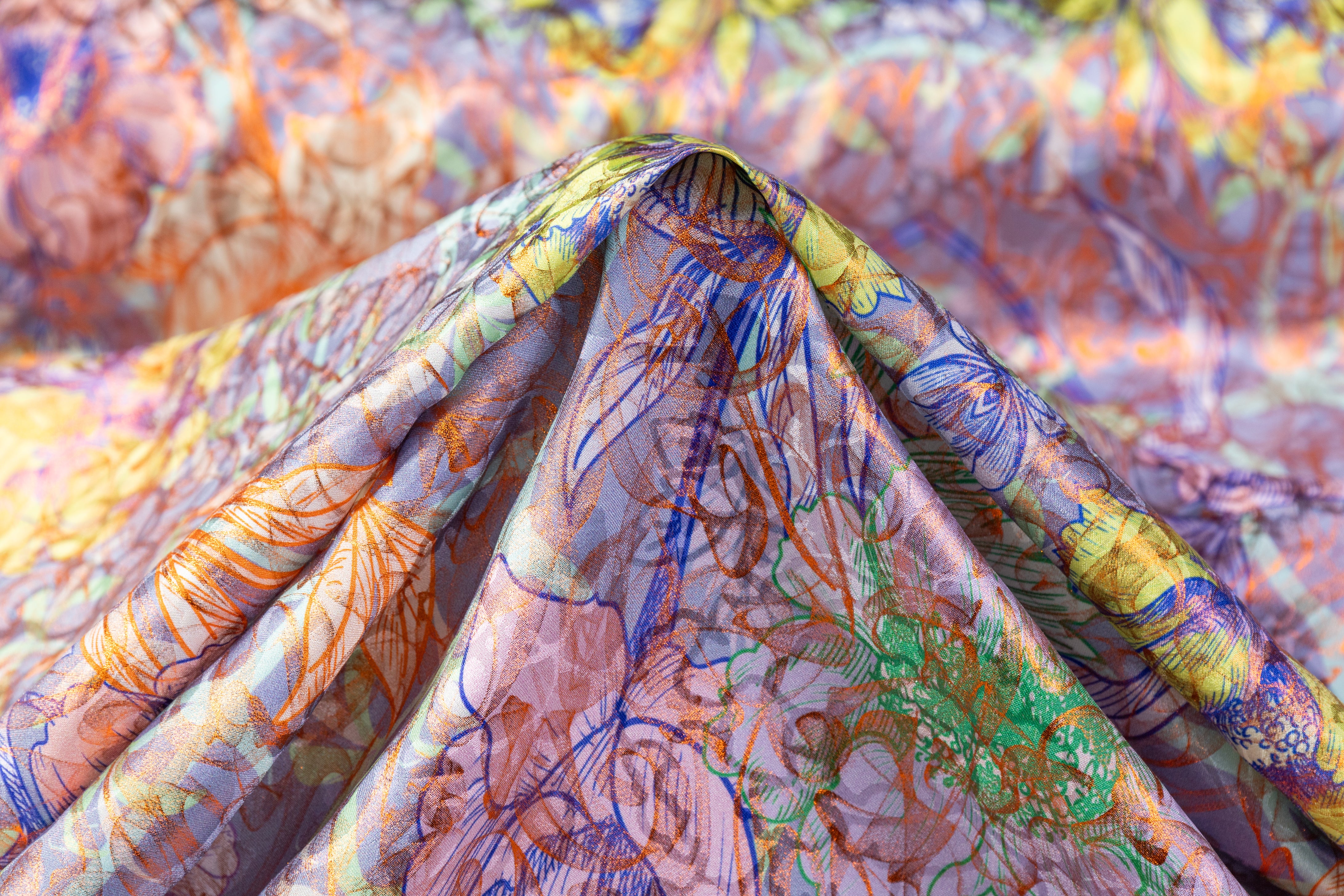 Laminated and Printed Italian Silk Jacquard - Multicolor / Orange