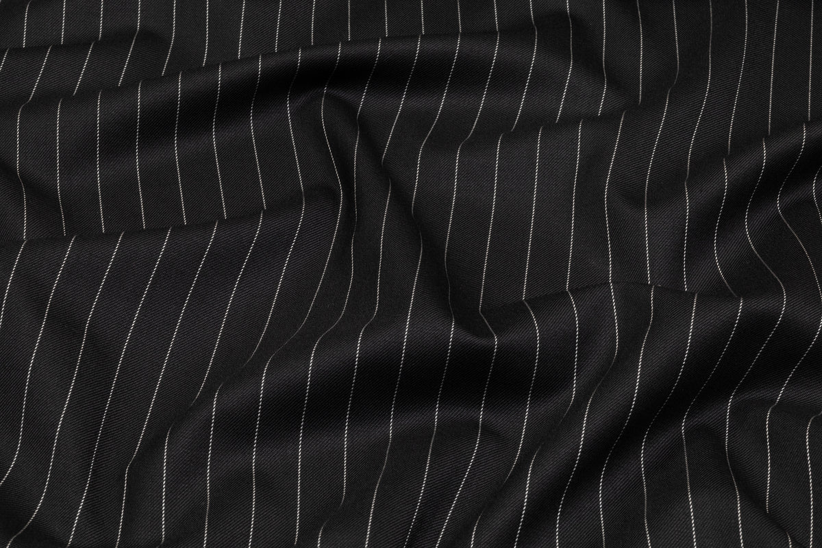 Pin Striped Italian Stretch Wool Suiting - Black / White