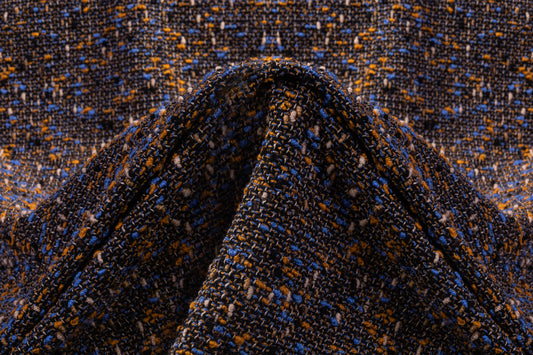 Italian Wool Blend Tweed Boucle - Blue / Orange / Brown / Black