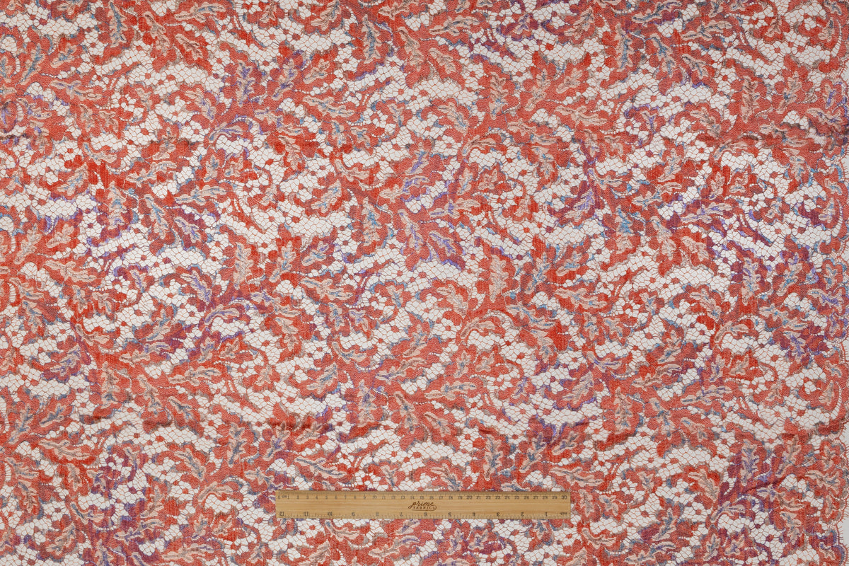 Solstiss - Metallic Printed French Lace - Coral Red / Blue / Silver