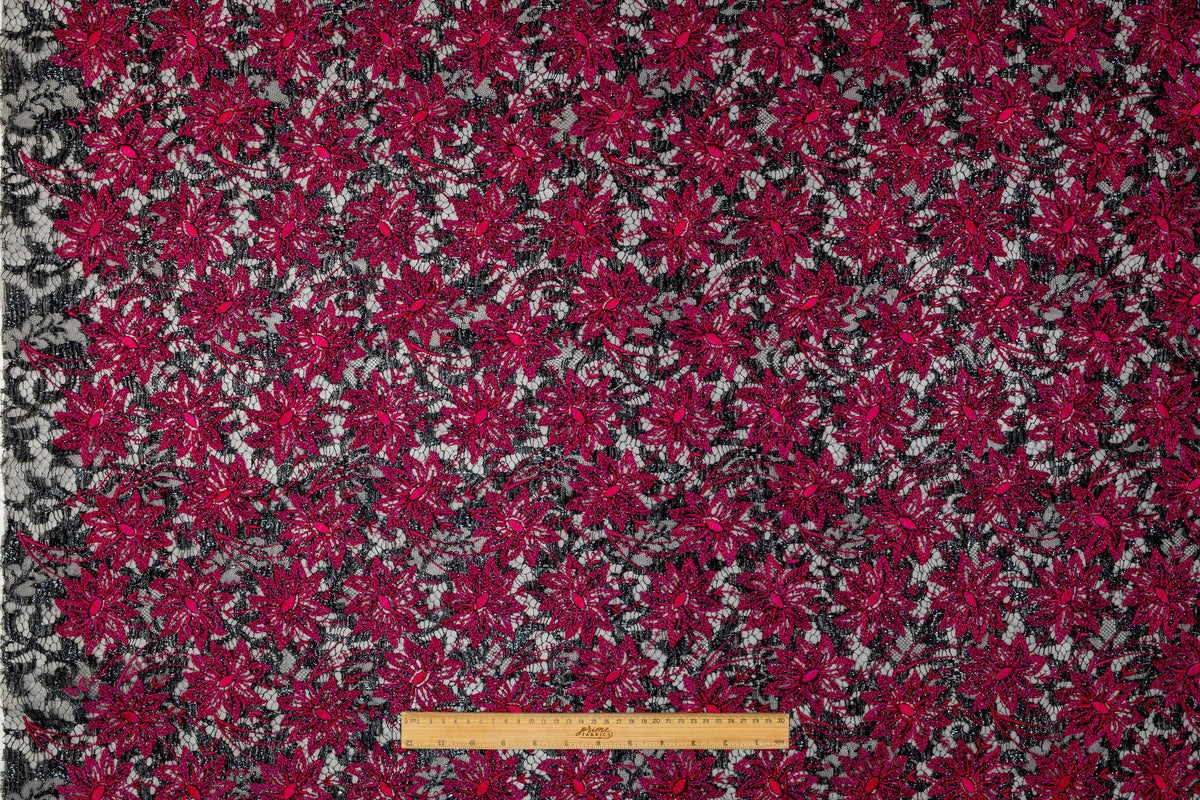 Floral Embroidered Metallic Italian Lace - Magenta / Black