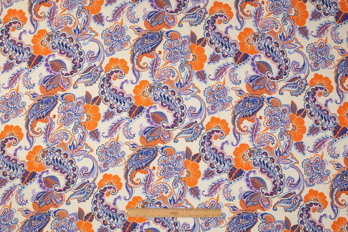Paisley Italian Silk Crepe de Chine - Blue / Orange / Purple