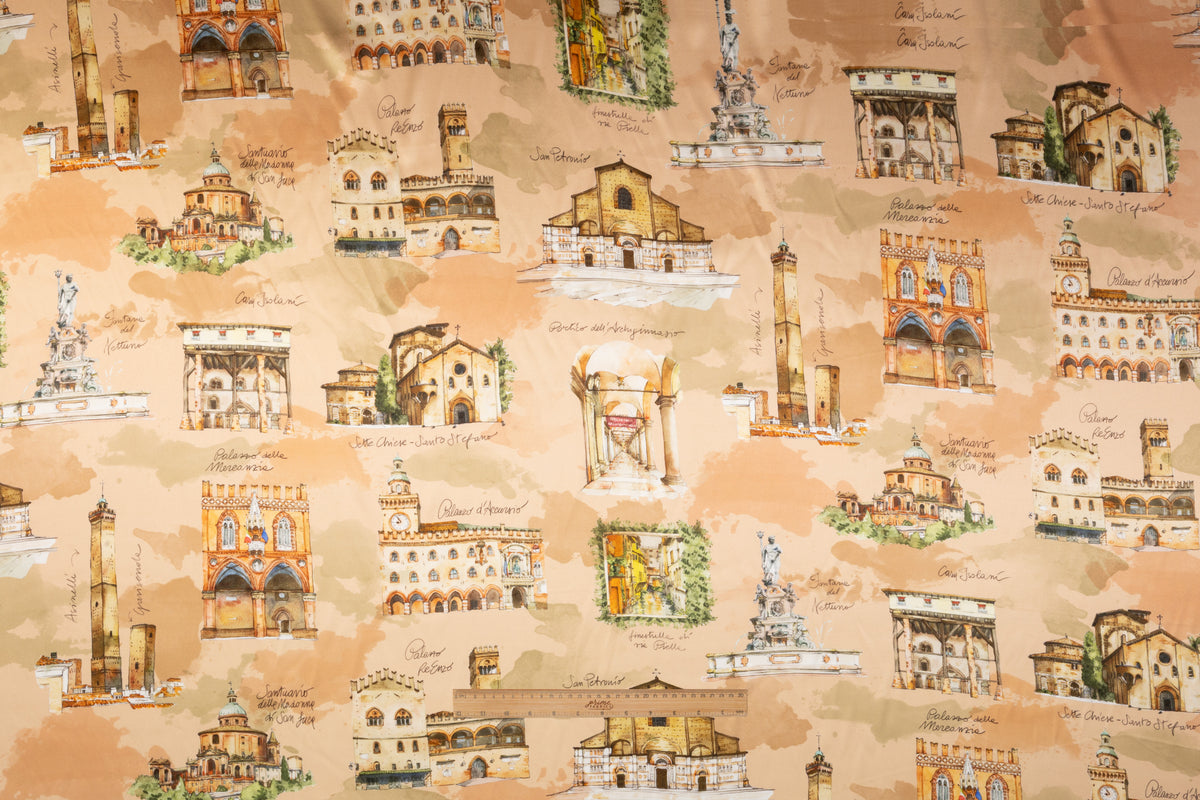 Bologna Landmarks Printed Italian Silk Charmeuse - Beige