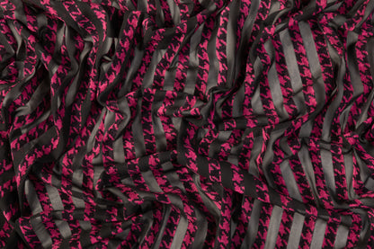 Houndstooth Striped Flocking Devore - Raspberry Pink / Black