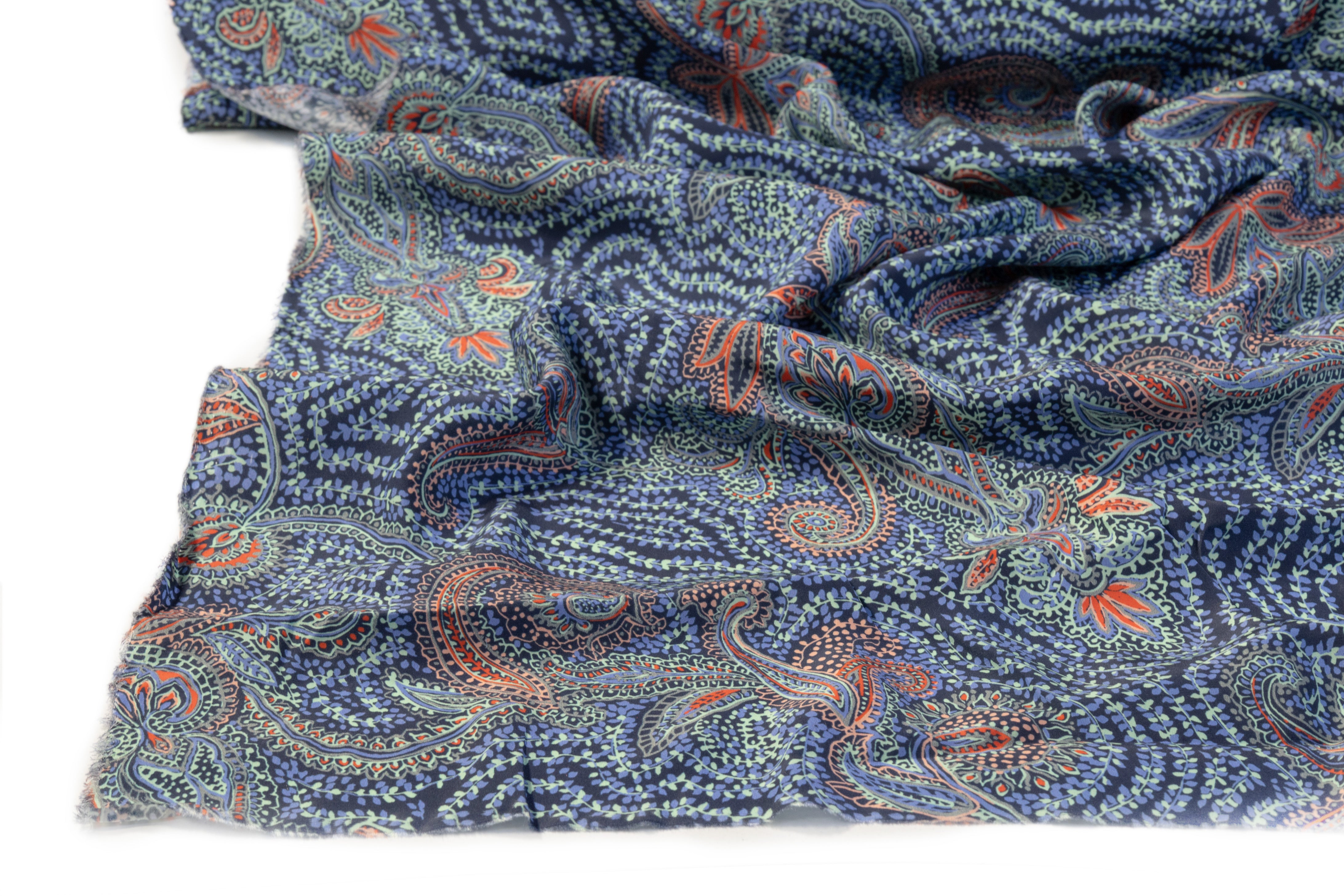 Paisley Floral Silk Charmeuse - Blue