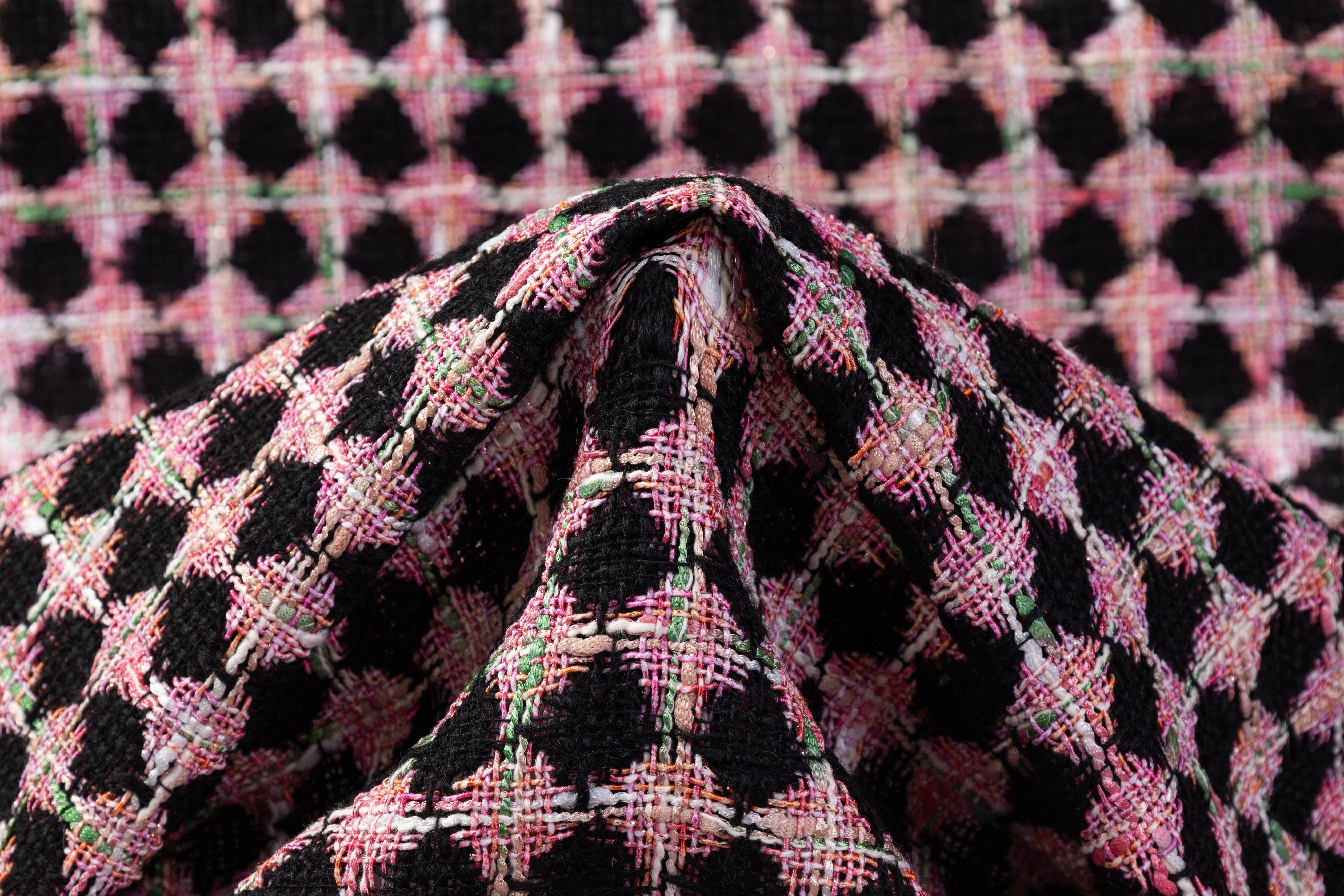 Geometric Checked Italian Cotton Blend Tweed - Pink / Black / Green