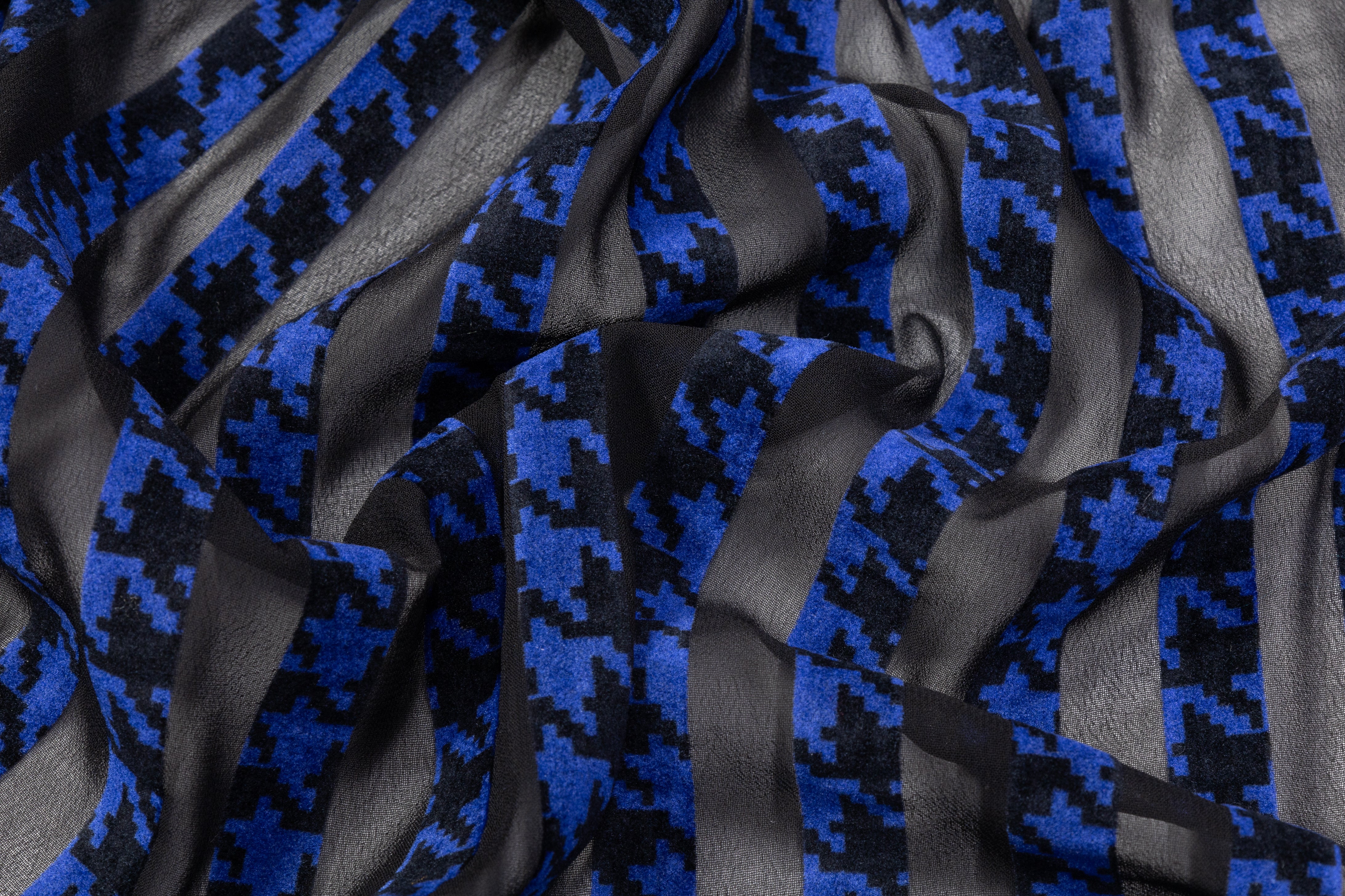 Flocking Blue Houndstooth Striped Flocking Devore - Blue / Black – Prime Fabrics