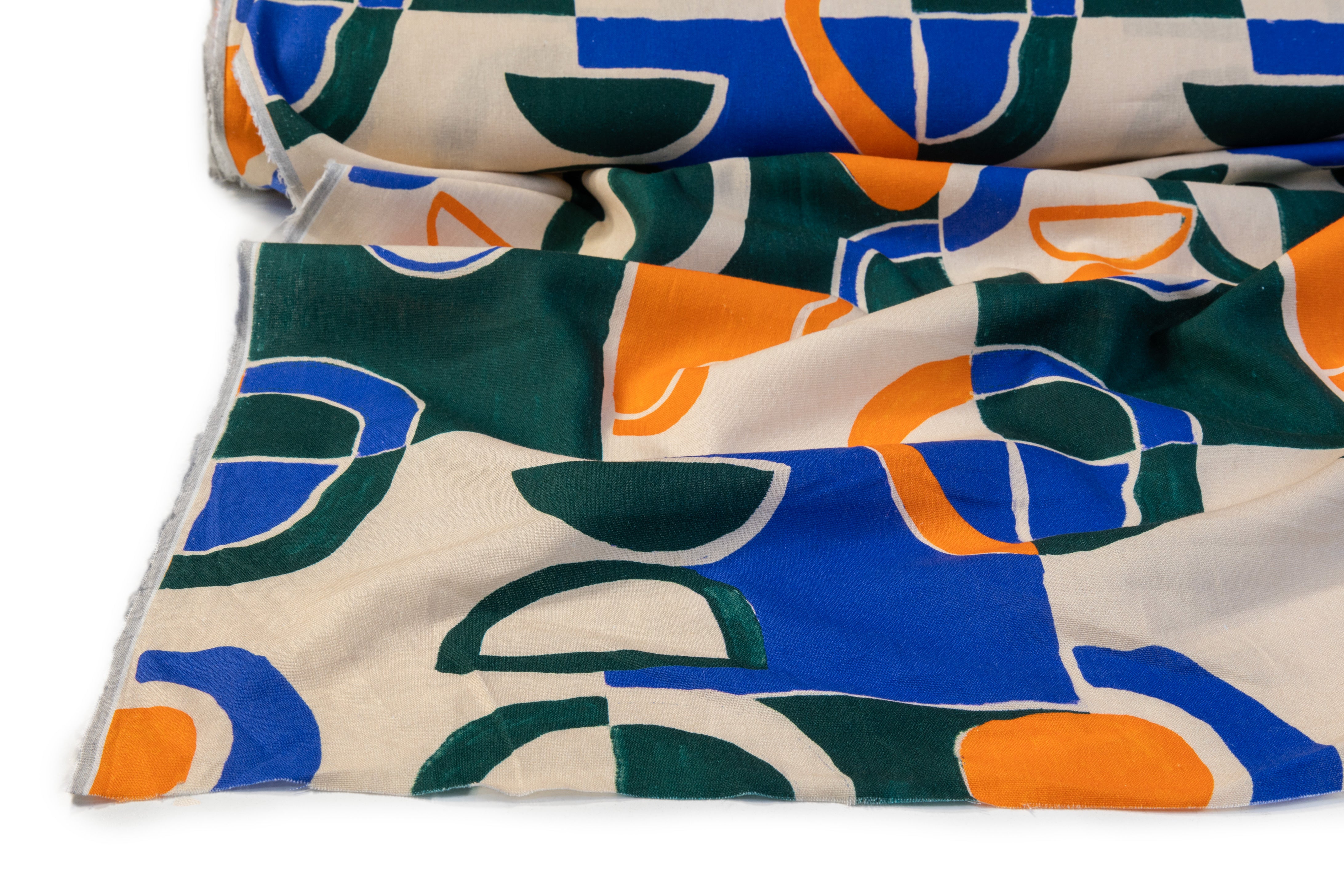 Geometric Printed Italian Linen Viscose Blend - Beige / Green / Blue / Orange