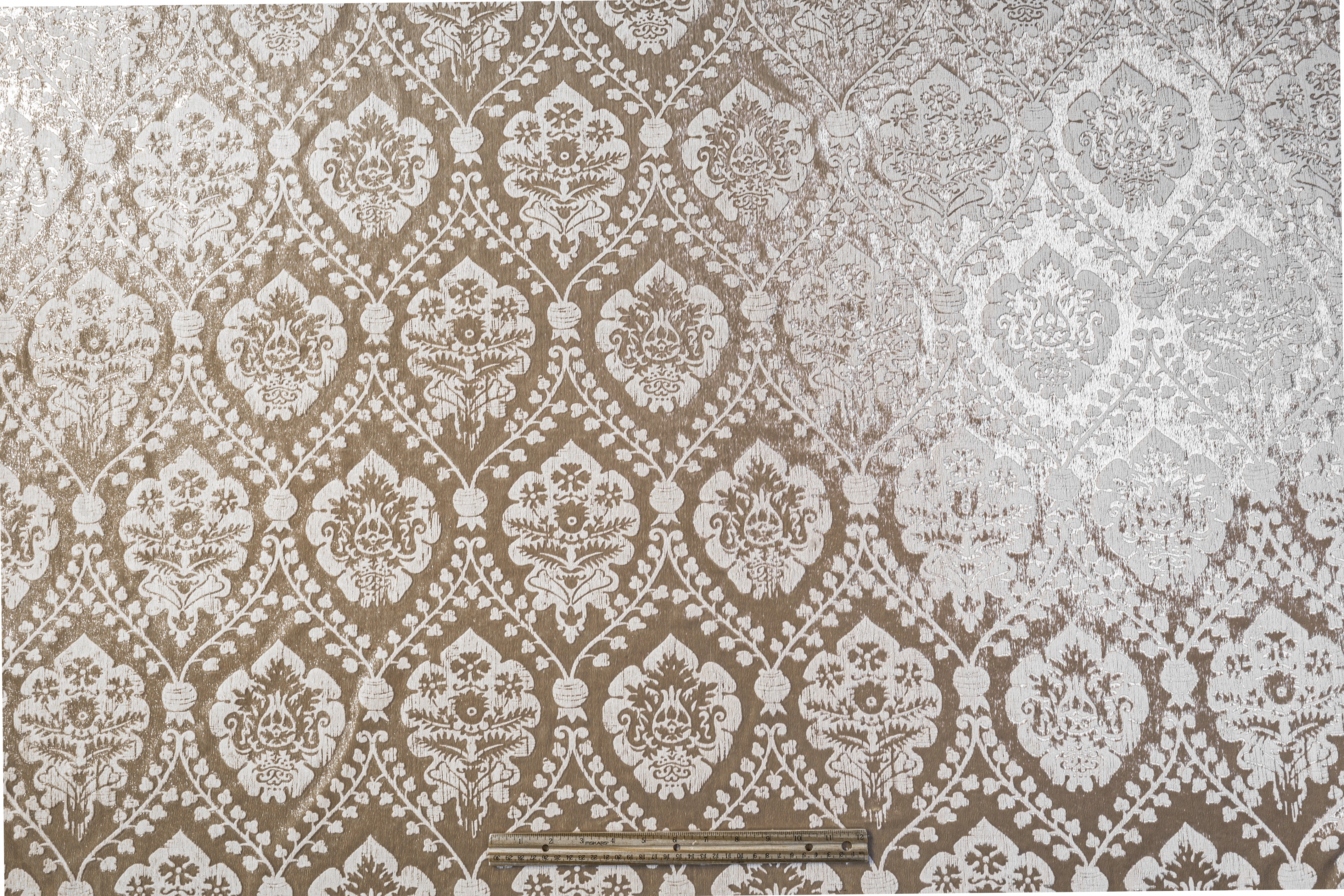Damask Flocked Metallic Italian Velvet - Taupe / White