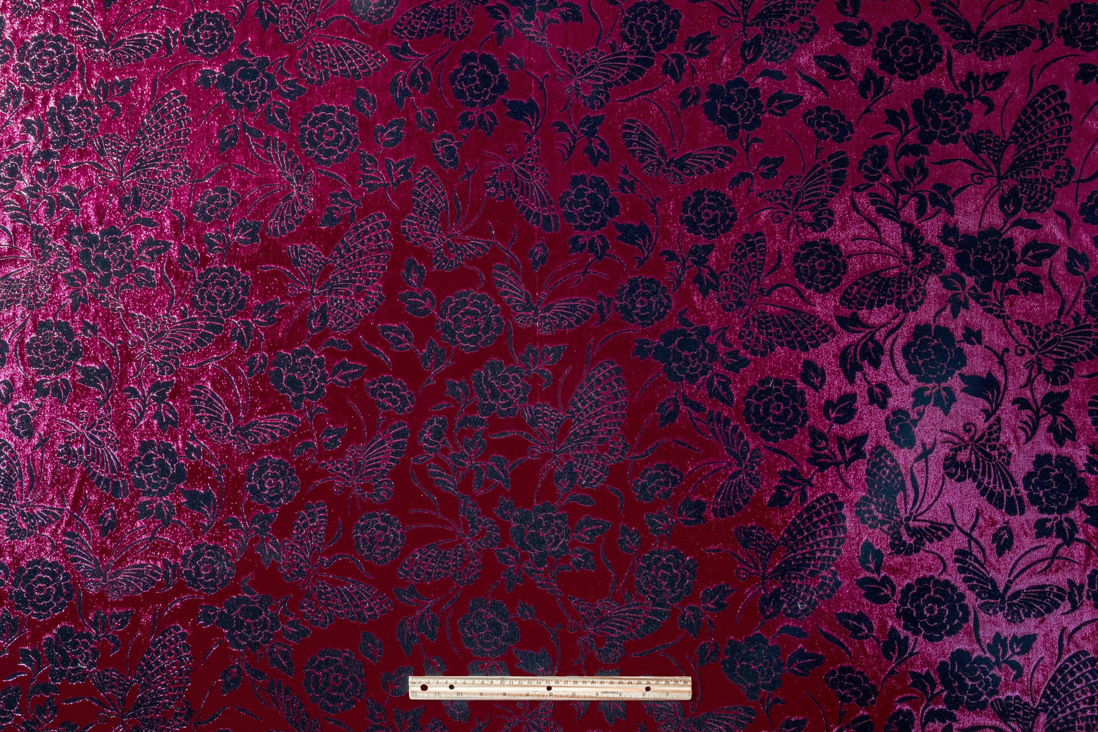 Floral Flocked Metallic Italian Velvet - Red / Black