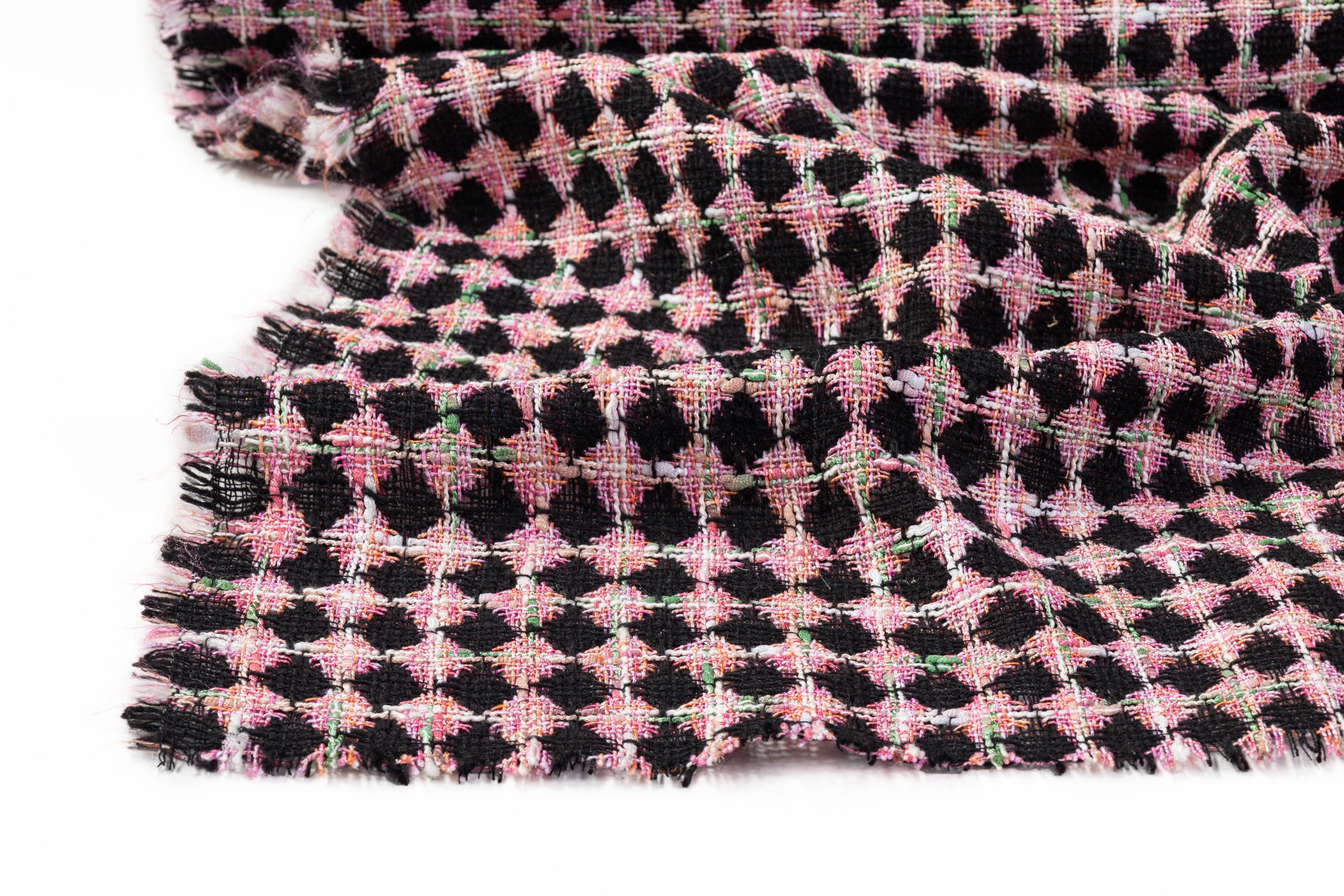 Geometric Checked Italian Cotton Blend Tweed - Pink / Black / Green